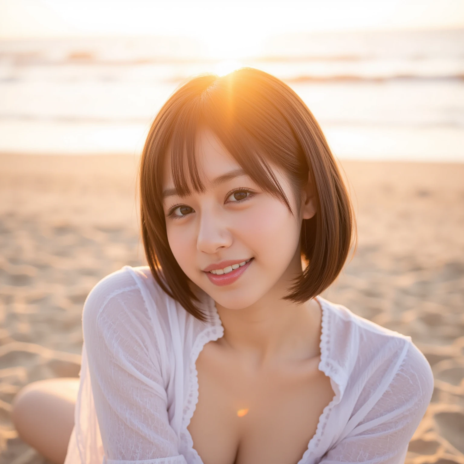 A glaring summer evening、sunset、Beach、Beachパラソル、A girl under a parasol、A loose white T-shirt、Denim mini skirt、Bare legs、Sitting and looking at the sea、Bob Hair、Brown Hair、Big Breasts、I can see your belly button、Over your shoulder、Raw photo、masterpiece、16k、highest quality、Beautiful face、