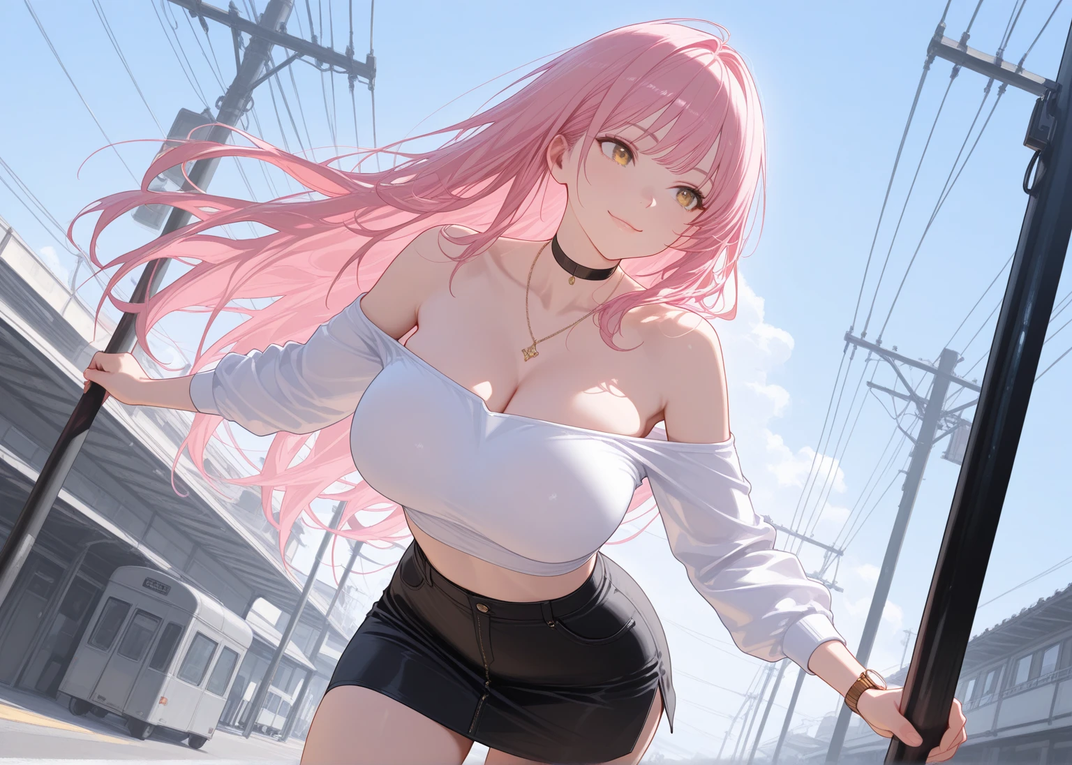 A girl with long pink hair, white slip dress, delicate face, thin waist, milky skin, sexy, clear cleavage, inside the car shop, surprised, with her mouth open