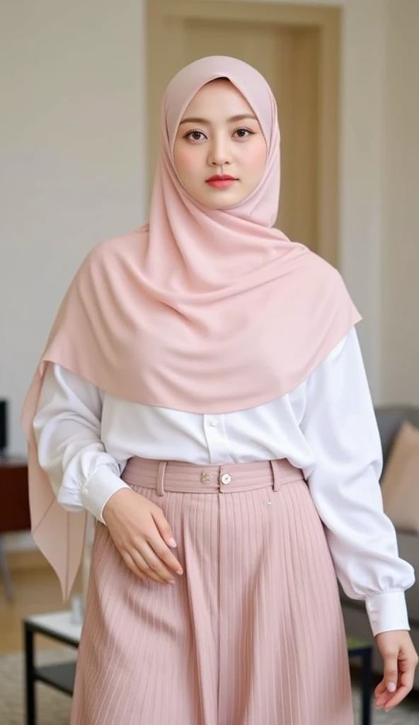 RAW, Best quality, high resolution, work: 1.3), Beautiful Malay woman in hijab, Perfect work, perfect slim fit body, Big breast, Beautiful big eyes, Soft smile, beautiful face, slightly open mouth, Show perfect thighs, beautiful woman in a white top and pink miniskirt, Pink mini skirt, pleated mini skirt, mini skirt, white and pink, white and light-pink outfit, hijab, dress, wearing mini skirt, pastel pink, very beautiful style, dressed in fluent mini skirt, pink, with soft pink colors, cute pastel shades, modestly dressed