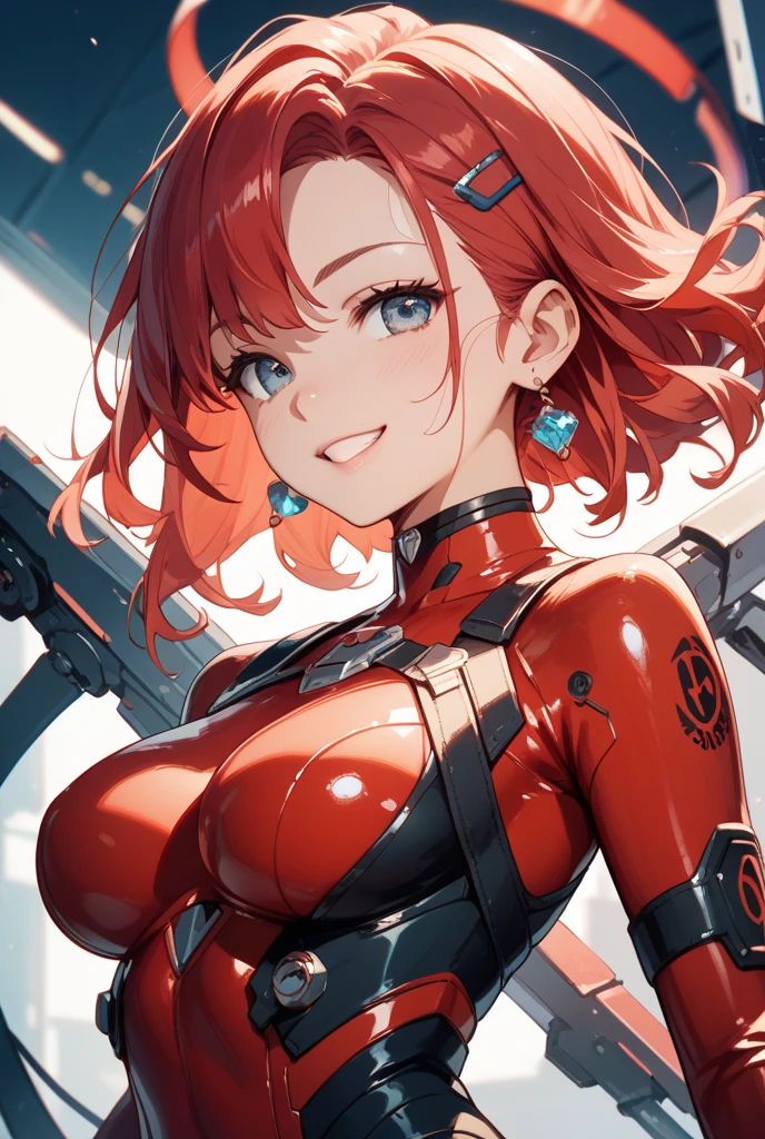red translucent armor,Arm mecha,Short golden hair,Long ponytail hairstyle,Large Breasts,Cleavage,Pistol hanging from waist,fighter pilot,fighter hangar,sexly,Lipstick,miss,Golden Eyes,stockings,Short skirt,Nipple showing