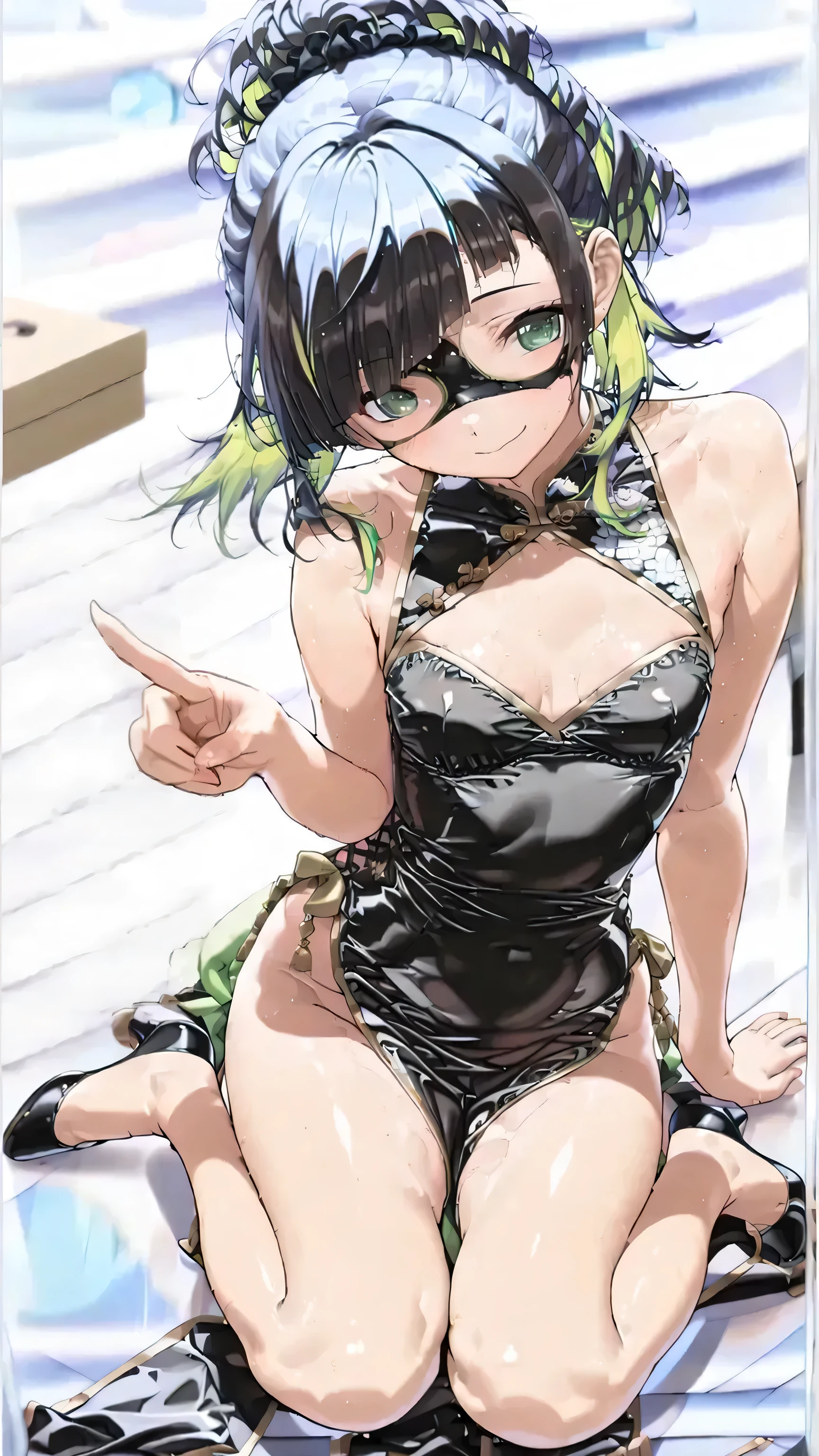 ((Pretty revealing clothes)),(hight resolution),Short hair,an eye patch,Purple eyes,Purple hair,fullllbody,Quite an embarrassing face,gals,,((Small)),,((Quite lean body)),((black clothes)),((muscular body)),((belly button)),Pretty smile,大きくて長いbelly button,((お腹が出ているblack clothes)),Rat trail section,nude,short skirt,Black School Uniforms,nude,underboob,((small breasts))