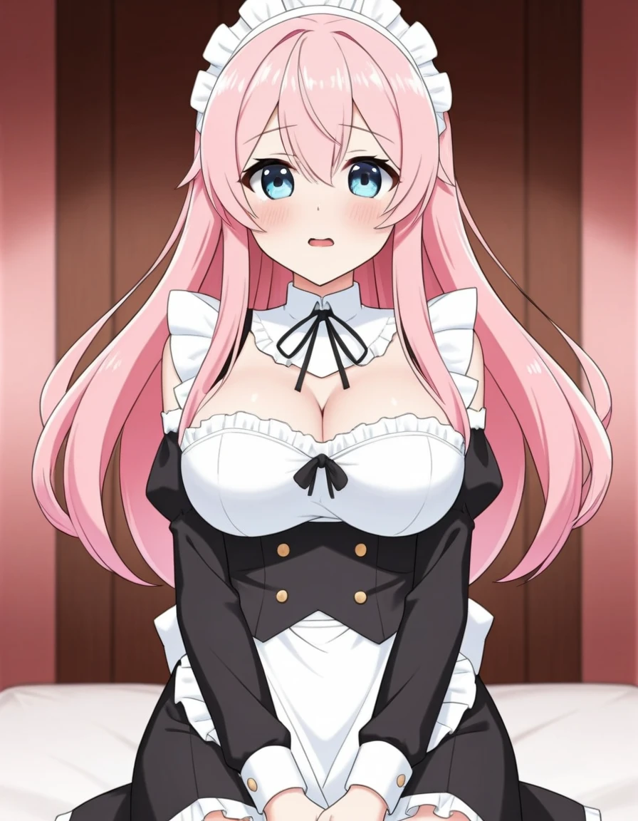 nsfw:1.1,Masterpiece:1.3,Detailed and beautiful depiction 1.3,Official Art,Beautiful adult woman ,Megurine Luka,Pink long hair,blue eyes,Large Breasts,Erotic smile temptation,Cowgirl insertion sex in maid outfit,Shaking breasts,Show your vagina,sit,I'm panting,bedroom