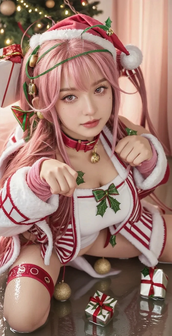 (christmas), (chistmas room), ( christmas decor) araffe with pink hair and bunny ears sitting on a bed, angelawhite, belle delphine, anime barbie in white stockings, ultrarealistic sweet bunny girl, very very kawaii, japanese goddess, the bunny has pink fur, smooth pink skin, with bunny ears, ahegao, sitting on her bed, lit from behind, perfect white haired girl, amouranth
