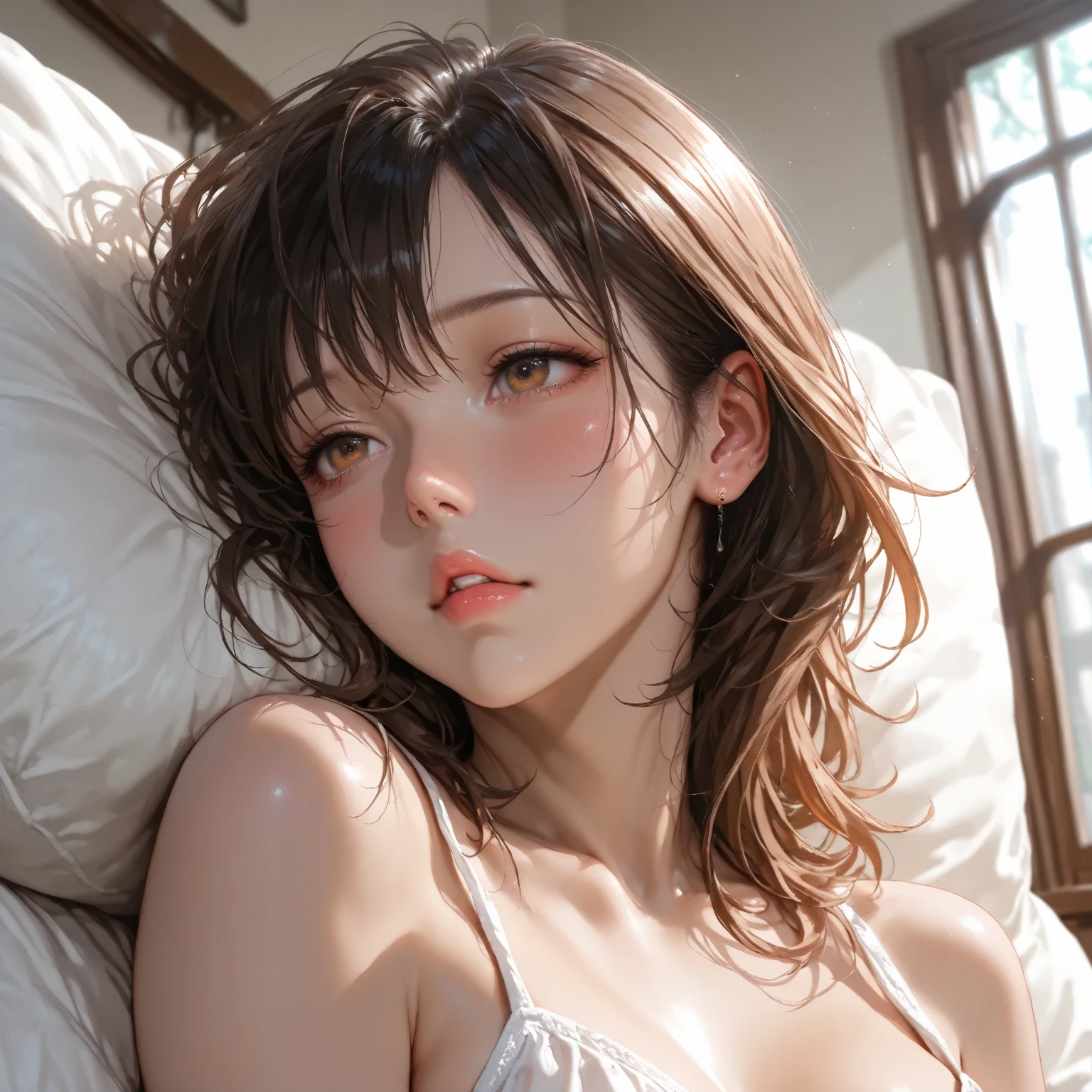 (Top quality masterpiece:1.2) Delicate illustrations, Very detailed, /Beautiful Japanese Women、1 person,Very cute and slim、Great style 、((8k images、super high quality))、Very delicate face, beautifule forehead、Open your mouth wide、Bright red lipstick,(((((Mid-length hair、Light brown hair、Blonde Hair))))),very cute、Kind eyes,((((lingerie、Lie on your back in bed))))
