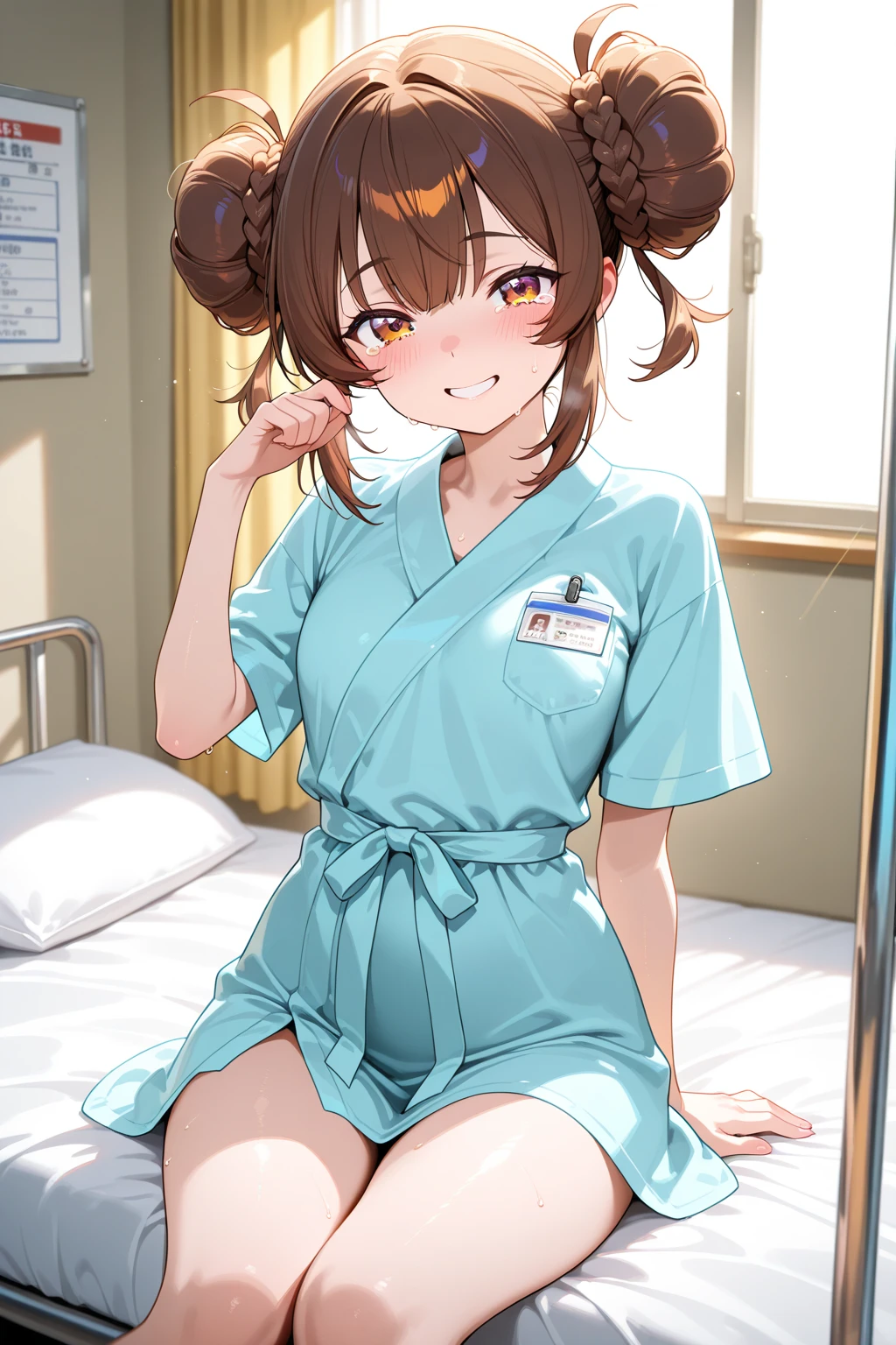 (masterpiece),(best quality), Natural Volumetric Lighting And Best Shadows, Sharp Focus, ((purple_eye yellow_eye heterochromia:1.2)) 1girl,solo, petite, cute,{Pigtails,ahoge},brown hair,teeth, fang, (Small breasts),((Sexy_nurse)),infirmary,curtains, hospital bed, bed pov , cowboy shot <lora:infirmary_v0.1:1>
