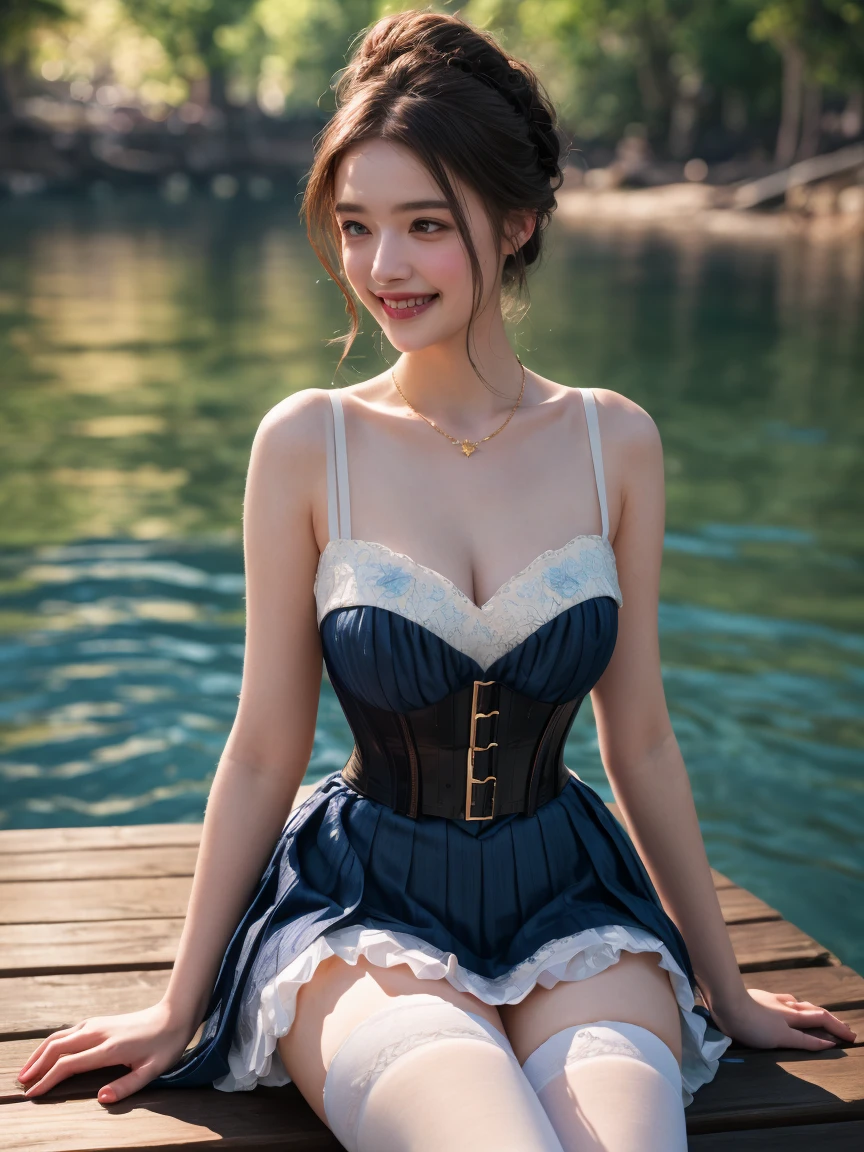 ((Photographed with the lakeside castle of Chambord in the background:1.3)), light makeup, red lips, beautiful hair, Black hair, (Medium Hair:1.3), elegant, soft lighting, Very fine details, masterworks, authentic texture, perfect work, (1 girl), (One Woman), 16k, high resolution, exquisite features, brown eyes, (Ultra-high resolution eye:1.1), Japanese idol, beautiful face, ((artists work)), (gentle smile like a goddess), attractive, well-shaped breasts, beautiful cleavage, shiny skin, smooth skin, BREAK, (Marie Antoinette Costume Dress:1.3), BREAK, earrings, necklace, Peacock feather headdress, BREAK, upper body, Standing position, model pose, (lovely smile)