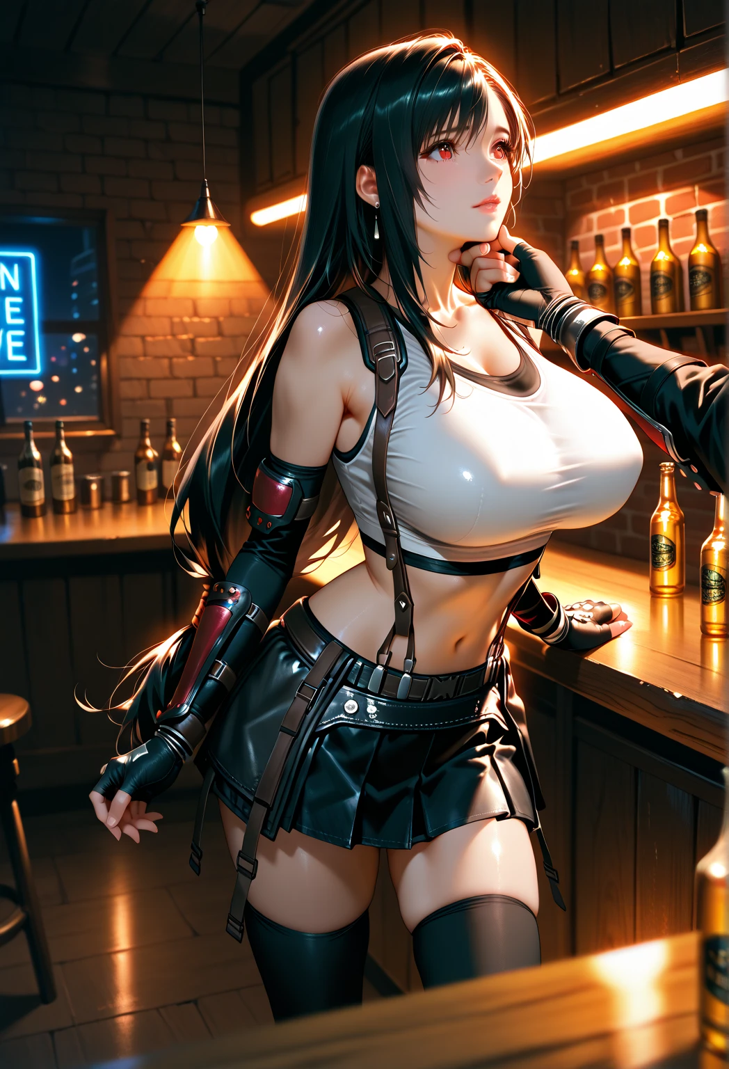Tifa lockhart, tifa_lockhart, ff7, sultry face, (white tank top:1.5), black latex miniskirt, (black long hair), hair bangs (red eyes:1.2) long eyelashes, surrealism, shadow, stereogram, POV, atmospheric perspective, cinematic lighting, ray tracing, 8k, super detail, best quality, masterpiece, well detailed,combat gloves, big breasts, slim, large boobs, huge boobs, spreading legs, white thong (smiling)