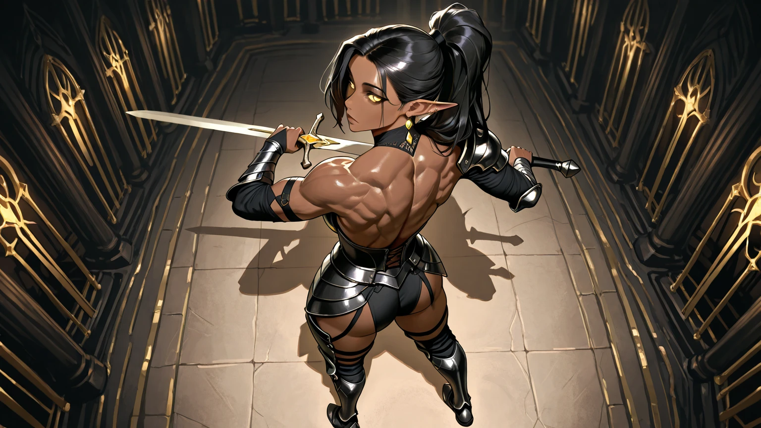 (Masterpiece) (High Detail) (High Res) (Black Skin) Looking from below A young black humanoid FutEred with dark skin and ebony flesh and green eyes and short black hair and goat ears and short dark goat horns and a toned teen body and small to average breasts wearing gym clothing