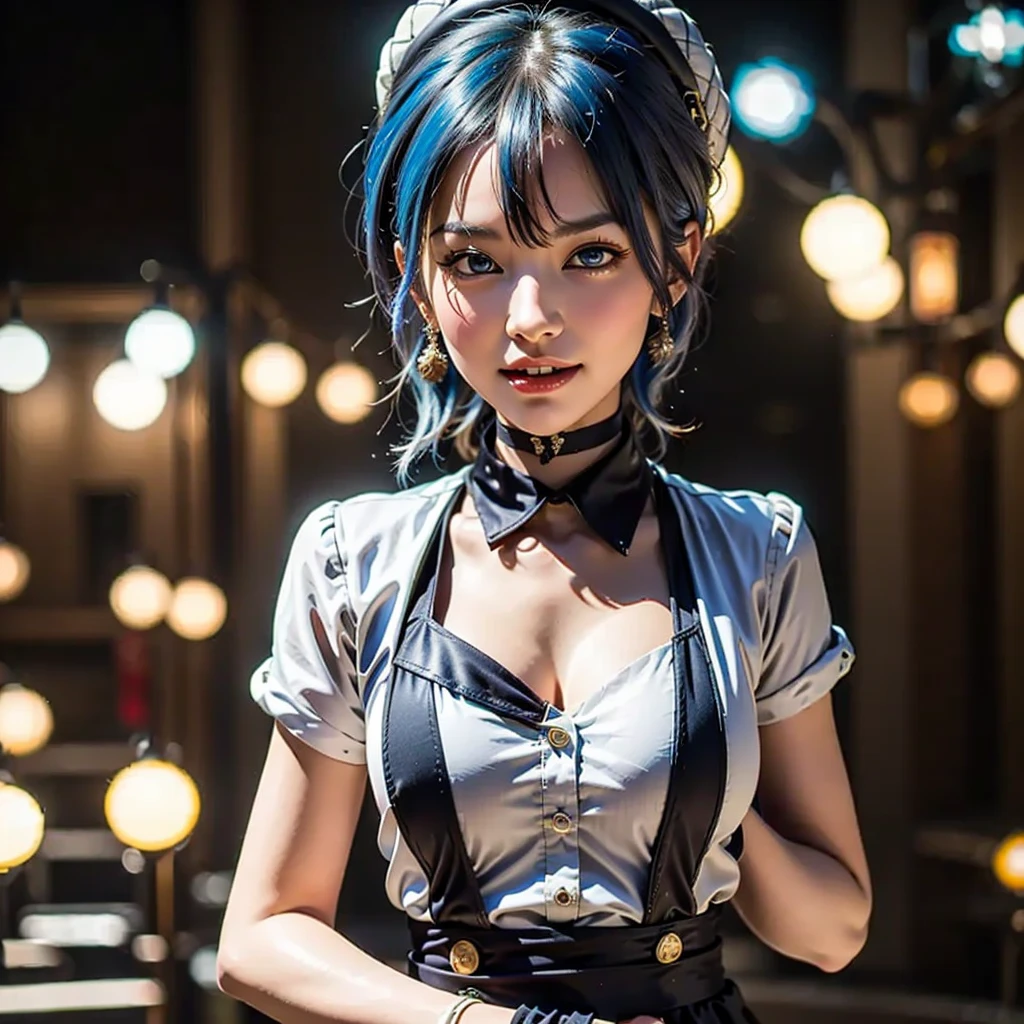 1girl,happy,smirk,Tokyo street,cityscape,city lights,dynamic angle,(full body:0.7),close-up,8k,RAW photo,best quality,masterpiece,realistic,photo-realistic,large breasts,gloves,lips,solo,sailor mercury,blue eyes,smuniform,mer1,tiara,sailor senshi uniform,masterpiece,absurdres,sexy,floating short blue hair,blue sailor collar,bow,choker,white gloves,blue choker,elbow gloves,jewelry,earrings,blue skirt,sole,full body,blue hair,octane rendering,dynamic angle,Ami Mishino,Exquisite face,Modern Building,Lights,busy street,(dark theme:1.4),upper body,