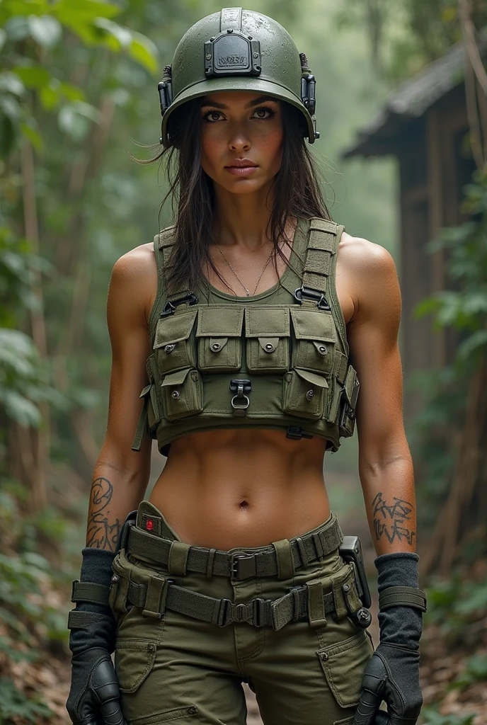 Masterpiece, 55 year old Amazon warrior Woman, gray hair, wearing a loincloth bikini and loincloth top, with a quiver of arrows on her back, holding an archery bow, athletic, realistic, standing in front of a burning military tank