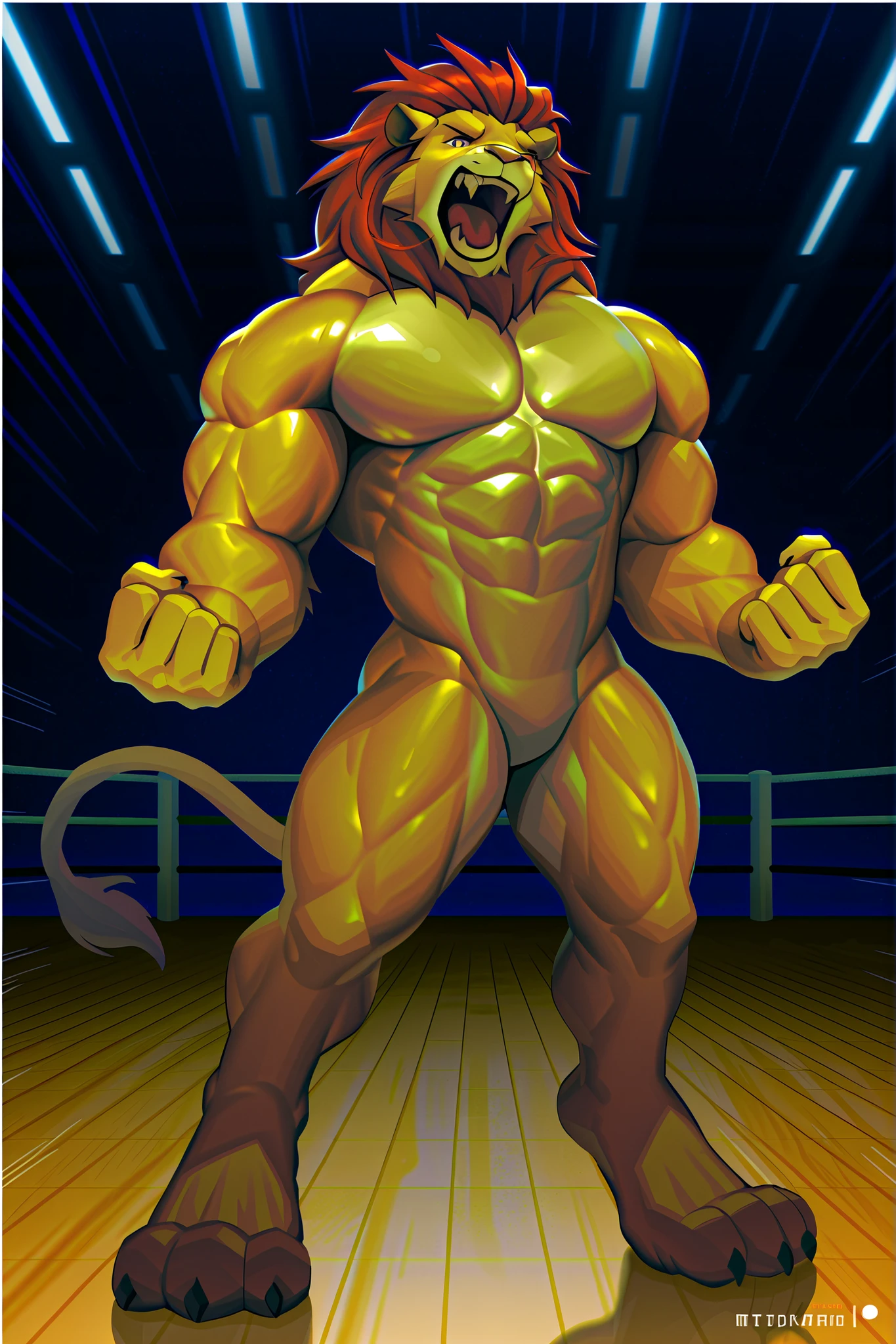 4k, High resolution, Best Quality, perfect colors, perfect shadows, perfect lighting, Published in E621, correct body proportions, (soft and realistic colors), hairy body, Alone, Anthro male stud, (middle aged:1.6), longitud total, equine hooves, brutal, Horse tail, (Very muscular, ABS, bodybuilder build, scratched, manly, well-built:1.4), naked torso, correct anatomy, (Realistic skin:1.4), detailed background, venue background, bodybuilding contest, (correct hands), artificial lighting, Focuses, (by Chunie), (correct feline eyes:1.3), Posing, (pectoral flexion:1.4), (Posing thong:1.2), big lump, oiled skin, presumed, view from below