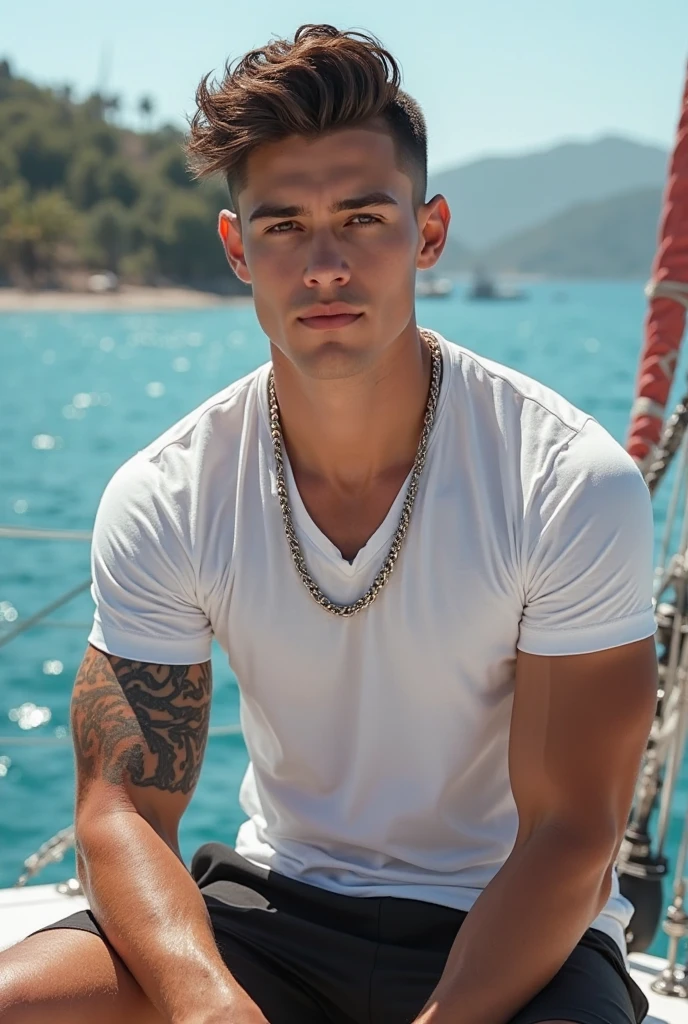 HD quality, high definition, fisherman male 18 years old handsome, muscular and slim, red lips, leaning against his boat, with thong, model with bracelets, earrings and Necklace, wearing sunglasses, open vest, fully nude and naked body, eyebrowse angry, side view, wearing shoes, in the middle of sea