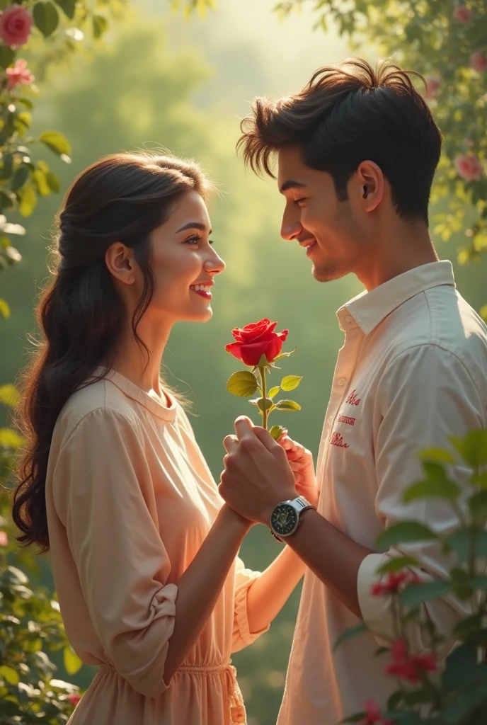 A man and a woman holding a rose in front of a bench, flirting, flirting smiling, holding a rose, romantic, romantic, romantic!!!, attractive girl, to a beautiful, attractive, charming, lovely couple, holding a red rose, date, profile picture, holding a rose in hand, attractive and good-looking, elegant, smiling at each other. Reproduce this image with the following pronpt essence:absurd, highres, ultra detailed, (1girl:1.3),
BREAK
, Illustrates a hyper-realistic scene, with an extreme level of detail, precise lighting and a realistic appearance.
BREAK
, Illustrates a resident of a fairy kingdom, with delicate wings, magical powers and a sense of enchantment and whimsy.
BREAK
, Illustrate a scene using infrared photography techniques, with surreal colors, bright foliage, and an otherworldly atmosphere.
BREAK
, Capture a forest path, with towering trees, dim sunlight and a sense of tranquility and natural beauty.
BREAK
Create a scene of a guy enjoying time with their pet, capturing the joy, affection, and companionship they share.
BREAK
, Project an image inspired by the anti-art spirit of Dadaism, with seemingly random elements, a rejection of traditional aesthetics, and a sense of playful absurdity.