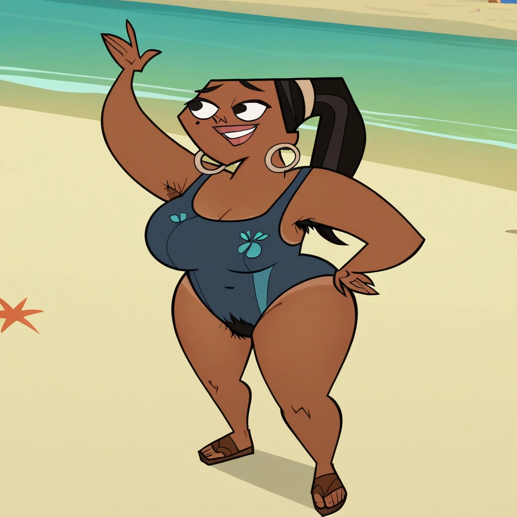 Ralph Bakshi Style, Curvy blue eyed girl with long wavy black hair and small breasts, nudity1.5, (extreme nsfw)2.5, (tiny_slingshot_bikini), lewd, tropical island setting, armpits, flashing pussy, evil_grin, crude:2.0