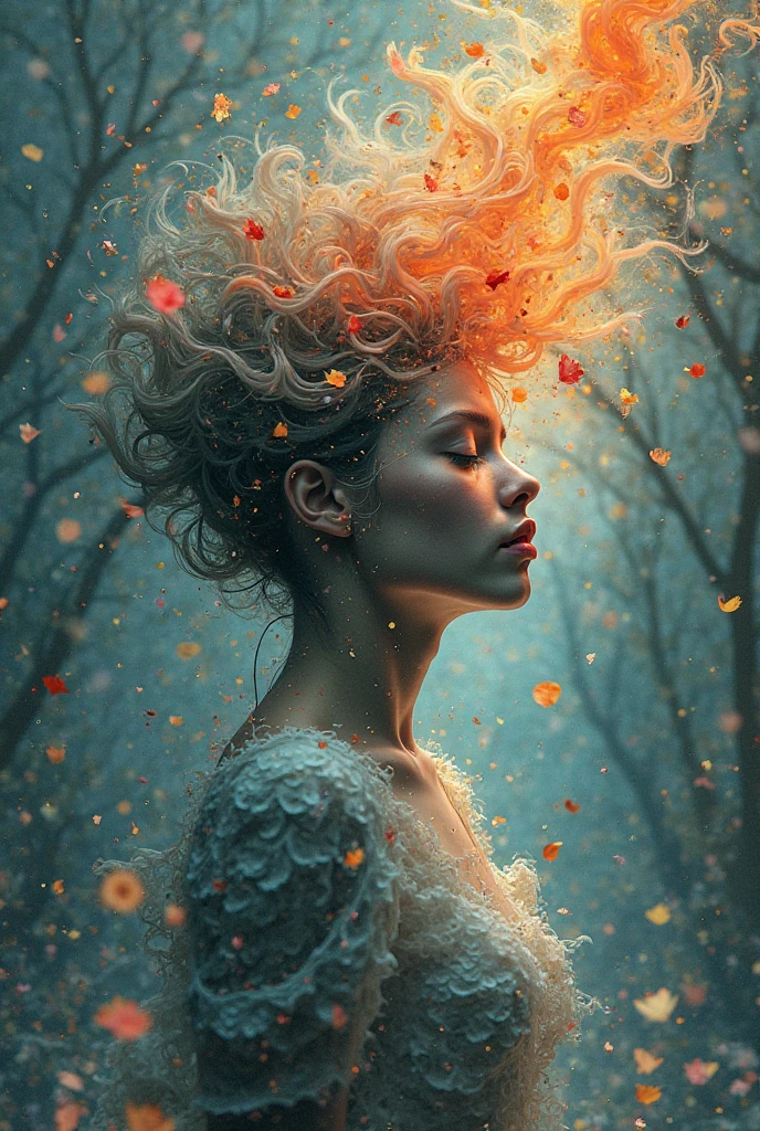a beautiful very dark tanned woman with perfect and detailed eyes, orange-hair, beautiful detailed lips, extremely detailed eyes and face, long eyelashes, intricate facial features, elegant expression, Mysterious look, cinematic lighting, high quality 3d rendering, photorealistic, hyperdetailed, masterpiece, Digital art, Conceptual art, Generate a full body image of a sexy dark tanned girl in underwear, with the body composed of a dense fog. The fog should be thick and detailed, forming the curves of the body in a mysterious and suggestive way. The face must be visible, but the rest of the body must appear ethereal and nebulous, merging with the environment in a soft and elegant way. The background must be a dark forest, with dark trees and an eerie atmosphere. The image must have a very deep depth of field, making the girl in the foreground stand out clearly against the blurry forest background