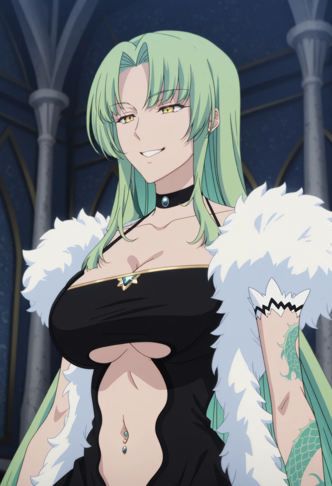 BRANDISHMYU, FUR TRIM, CHOKER, JEWELRY, CHAIN, COAT, BIKINI, 1girl, solo, in the center, upper body, facing viewer, looking at viewer, smile