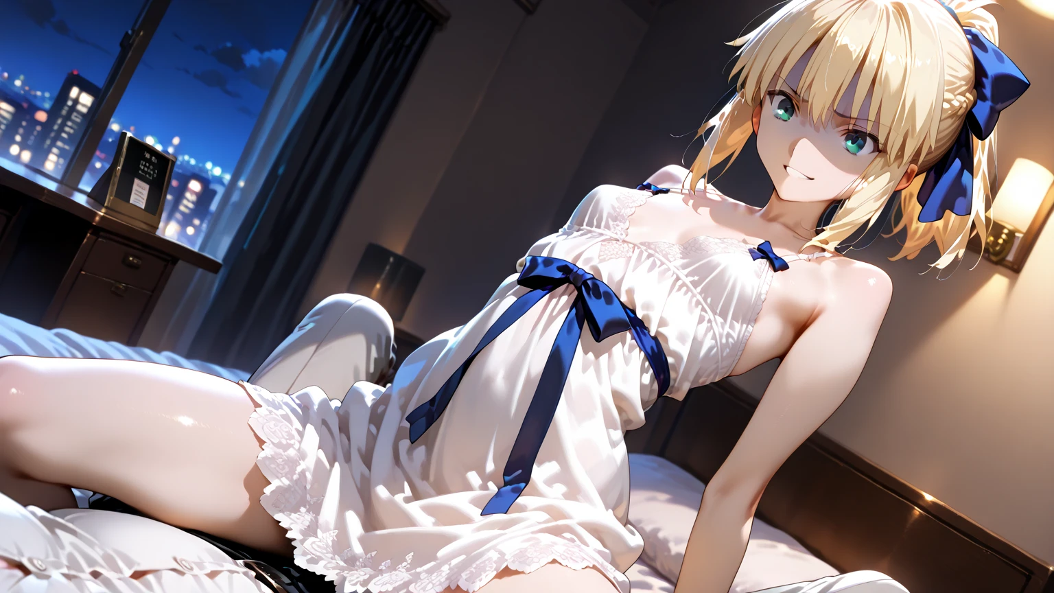 highest quality, Tabletop,Things to know, Not enough, One Girl, gloves, Elbow Groove, choker, (((White mini dress:1.3)))、Thighs, Official Alternative Costumes, chest, clavicle, ponytail, 白いgloves, chestの谷間, Exposing shoulders, short hair, Parody, 青いchoker, Hair 弓, Blue Ribbon,((( Skirt lifted、Cute Panties)))、sit、(((Open your legs wide)))