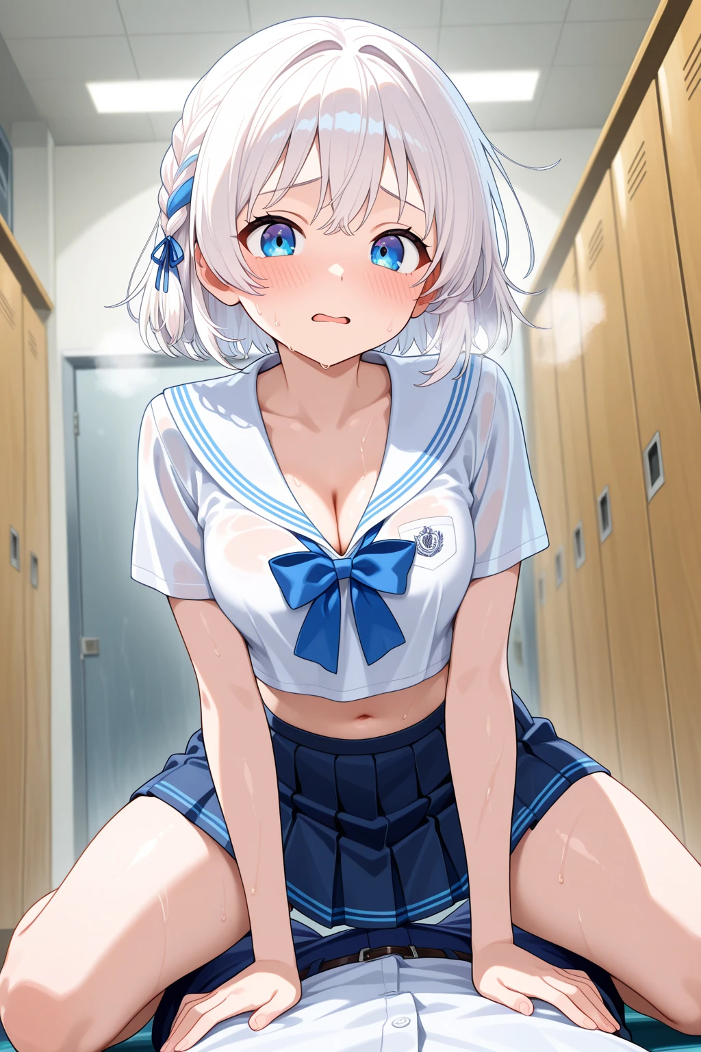 1girl, (table humping:1.5), (crotch rub:1.2), ((School_uniform), (sailor_suit), (Miniskirt) Class room, white panties, (skirt lift:1.5), (White hair and blue highlights),cyan eyes, medium, short hair, solo, (medium breasts:1.2), table, lifting,(suggestive fluid), masterpiece, best quality, highly detailed, (panting:1.2) saliva dripping, (blushing:1.3), embarrassed face
