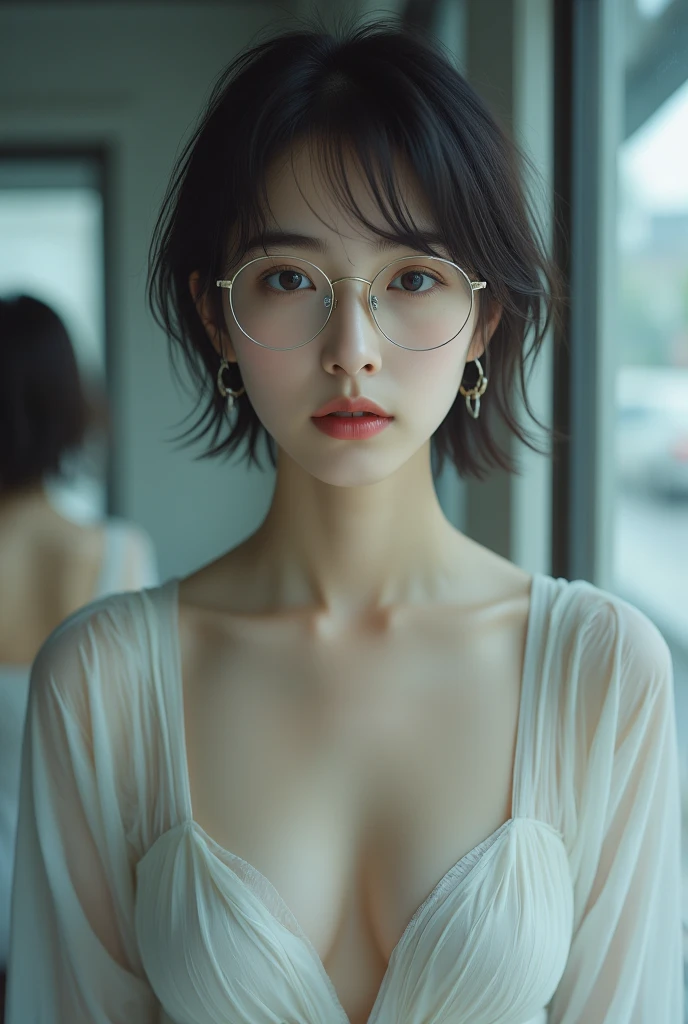 Sweet expression, Kneel down, Put your hands on, White glasses, White short hair, (8K, RAW photos, Reality:1.25) ,( Lip Gloss, eyelash, Shiny face, Smooth skin, best quality, Ultra-high resolution, Depth of Field, Chromatic Aberration, Caustics, Wide-angle light, Natural shadows, Korean Idol) Looking at the audience with calmness and goddess-like happiness, whole body, Large Breasts, White lingerie, black, Transparent shirt, White shirt, secretary