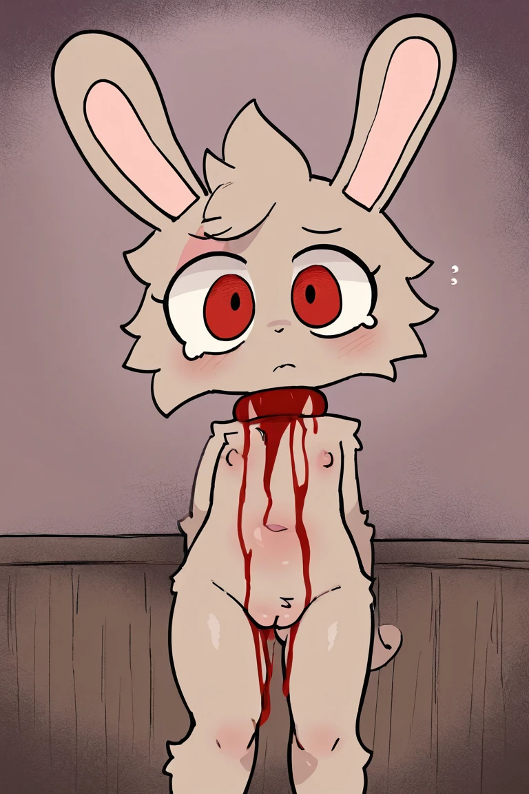 Nanachi (Made in Abyss), Furry, Rabbit boy, embarrassed expression, blushing, naked, Little penis, small erection, Ejaculating, dripping sperm, cum, foreskin, Urinating, urination, in bed, bed piss, Micro penis, Anal sex, multiple penetration, open ass 