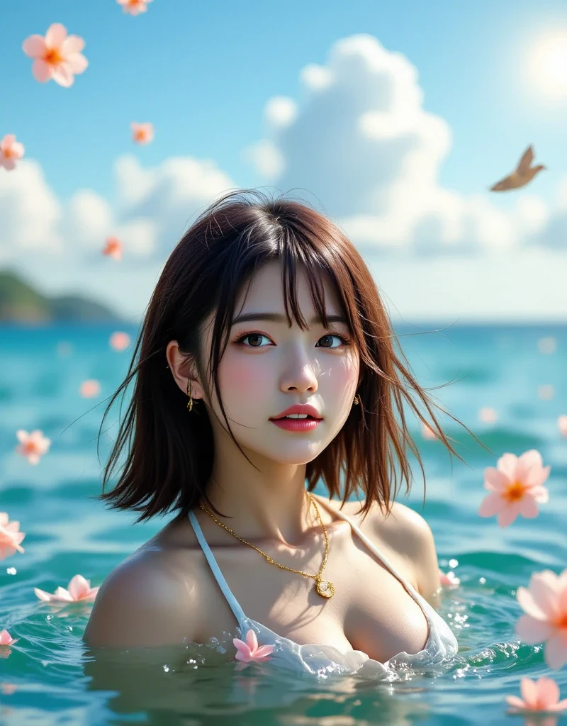 (Highest quality, 32K, High resolution, Masterpiece:1.5, ), marimo_jet, god々A photograph with brilliant dazzling and healing power., Evoking a sense of calm and elusive beauty, Expressing emotions, Have a rich imagination, Beautiful Japanese Girls, An exceptionally beautiful face, ((profile:1.3)), Small Face Beauty, Perfect Human Anatomy, Magical big eyes, Motherhood and generosity, Deep Love, fleeting smile, ((Shiny half-up black hair:1.4)), Asymmetrical bangs, Hair between the eyes, Transparent, soft white skin, Sharp eyebrows, Thin lashes, Natural Makeup, Cheek highlighter, Lips with fine detail, (Orange Bikini:1.4), High resolutionの完璧な鎖骨, High resolutionの美しい胸元, Slim figure with ample breasts, High resolutionの美しい太もも, ((Beautifully detailed skies:1.2)), ((Vibrant petal effect:1.3)), Professional photographer, Professional Lighting, Professional models, god秘的