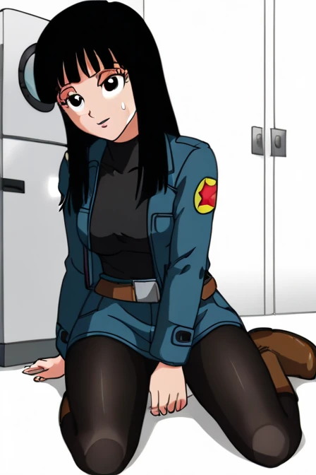 (masterpiece, Highest quality), One girl, May, One girl, alone, Iris, Black Hair, Long Hair, Blunt bangs, Straight hair, Floating Hair,, Have, Green hat, Beanie, , Black gloves, belt, uniform, Long sleeve, military uniform, Blue coat, trench coat, pants, (Completely naked,Sex,Sweaty,Pee,sex:1.5)