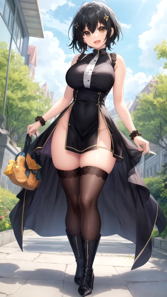 masterpiece, best quality, extremely detail 8k cg, high resolution, 1girl, yuugao, solo, purple hair, long hair, sidelocks, ponytail, brown eyes, perfect eyes, choker, breast curtains, china dress, pelvic curtains, thighhighs, high heels, huge breasts, outdoors, garden, standing, beautiful face, wide shot photo, full body