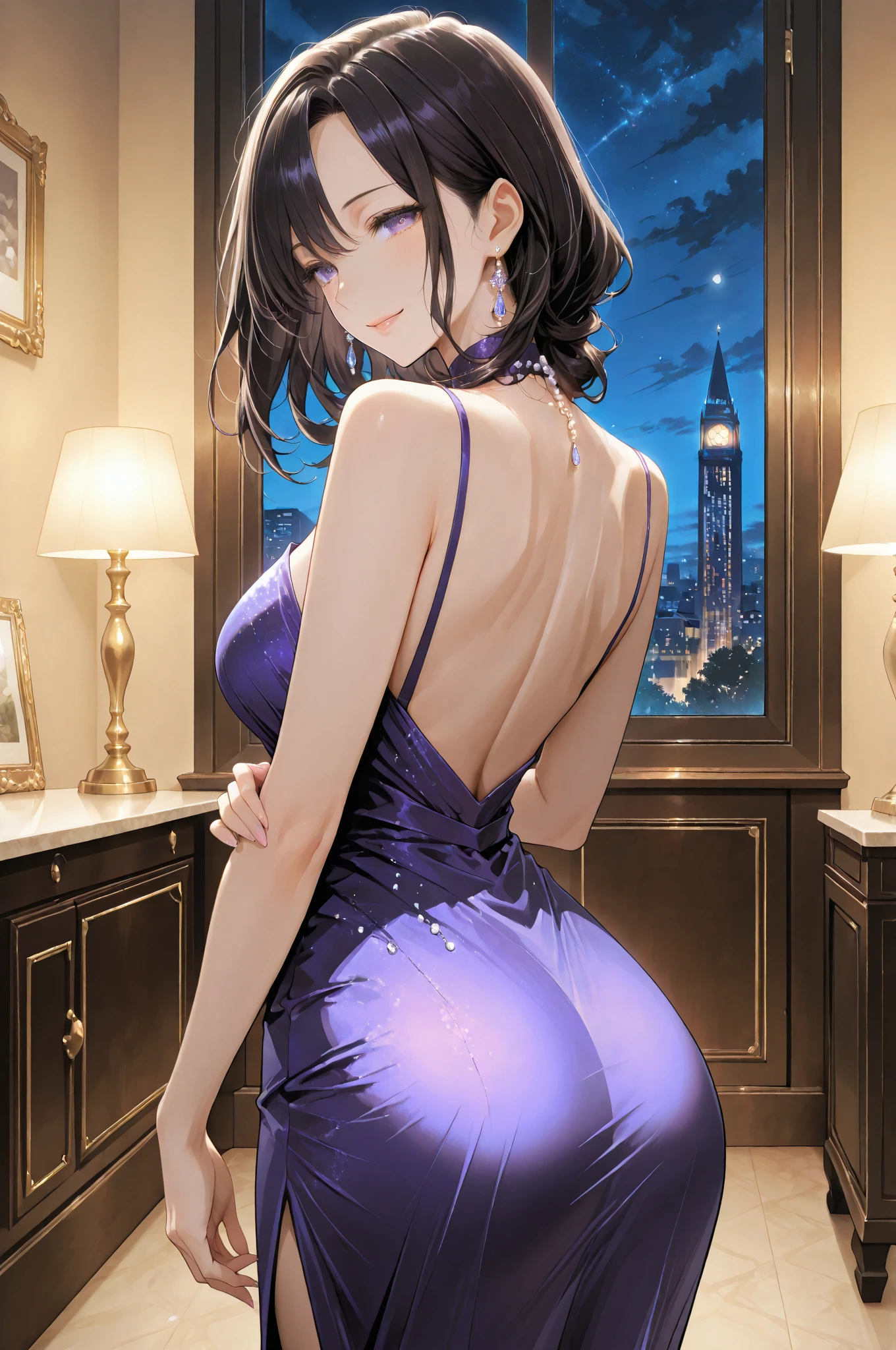 (masterpiece:1.5, Highest quality, Very detailed、 Dutch Angle、Semi-Realistic、Fantasy)(One girl, alone)(White and beautiful hair:1.4,,Straight Long Hair)(White based dress)、((Off the shoulder、Medium Chest、ruby ​​necklace))(from backside,The buttocks are slightly visible、Legs wrapped in tights)(Beautiful starry sky、Mystical Night、Particles of light float around the woman、Fantasyな空間)Kiana Kaslana
