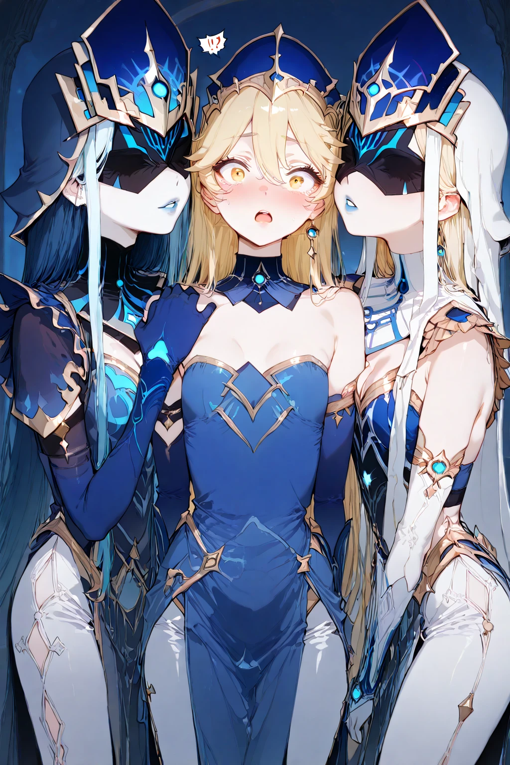 Masterpiece, 4girls, each dressed as a maid. The maids are wearing identical uniforms, beauty and cute, high detailed, dinamic lighting, vivid colours, big breasts, massive cleavage exposed, A giant spacecraft navigating interstellar space, Sophisticated design, huge geometric figures stacked in layers,standing, white skin, blue eyeballs, blonde hair, happys, various hair styles, harem, perfect eye, perfect face, Symmetrical eyes, well-aligned, with a natural and proportionate gaze, Observing their master with a servile gaze, elfs