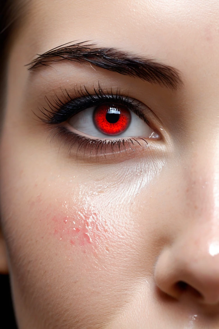 Close up of beautiful teenage girl like Olivia Munn crying with red watery eyes, tears streaming down her eyes, heartbroken, realistic skin, skin pores and blemishes, 4K, cinematic photo, realistic, plain white background, detailed pupils, detailed iris, Long waved black hair, nude body