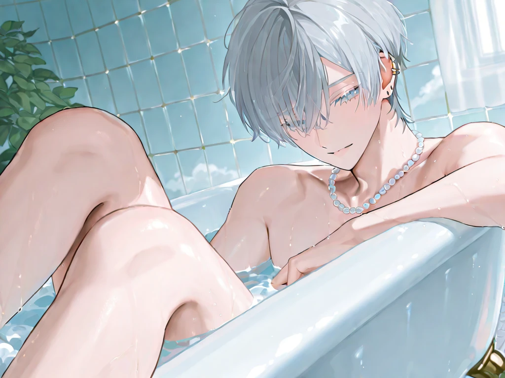1boy, solo male, full body, male focus, highschool boy, beautiful boy, neck length white hair, small red droopy eyes, he has fair skin, he is naked, he is slender, slender body, he is smiling, he is in bathroom, erotic, masterpiece, cinematic, detailed, absurdres