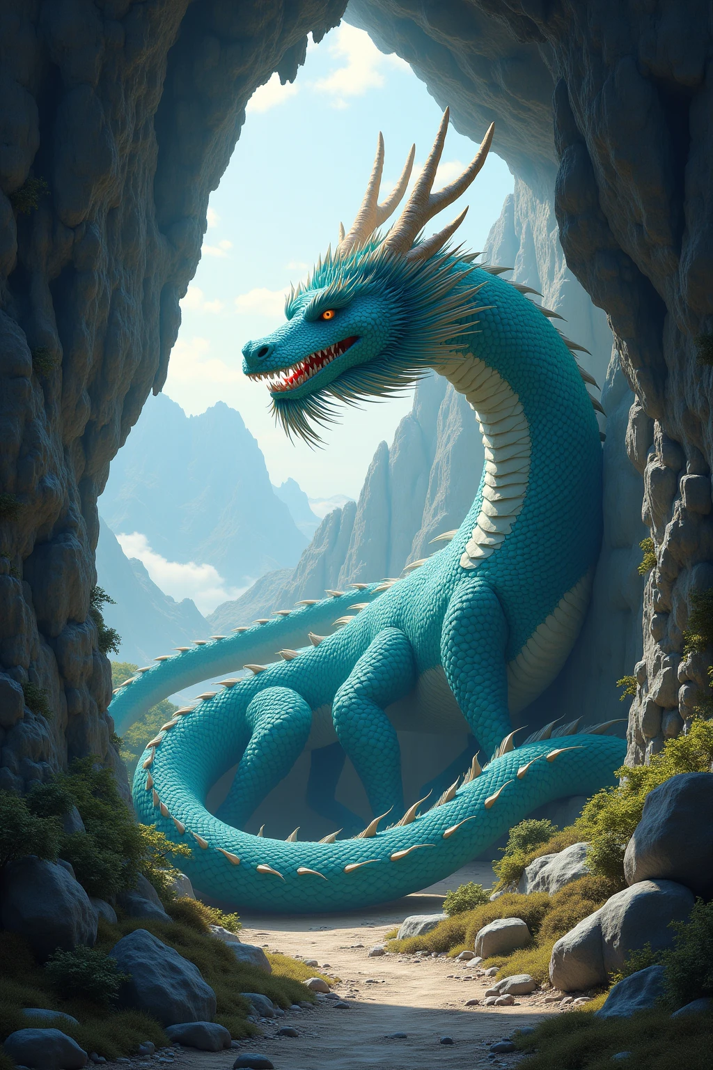 A dragon, colorful, mountain peaks, waterfalls, white clouds, masterpiece,best quality,extremely detailed,fine details,official art,unity 8k wallpaper,4K,8K,UHD, highly detailed,blurry,blurry_background, blurry_foreground,depth_of_field,motion_blur,(realistic,photo-realistic:1),extremely detailed, filmg, --auto