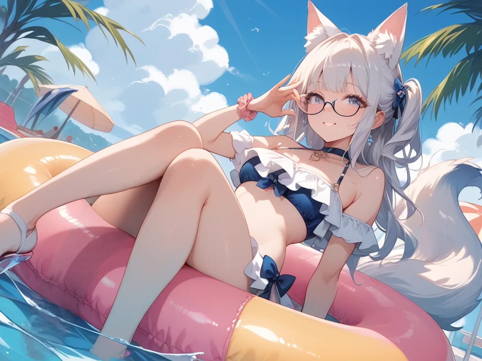 (Best quality1.2、masutepiece)、Yumekawa、A stunning、Take a cute cat、kawaii、White hair(rainbow-colored hair)、Cute swimsuit