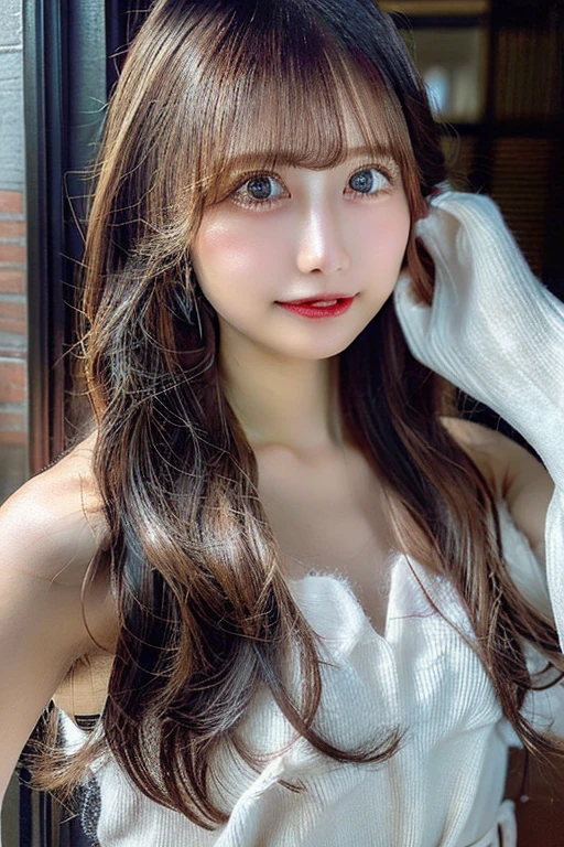 highest quality, shape, Very detailed, finely, High resolution, 8k wallpaper, Perfect dynamic shape, Beautiful and detailed, Summer clothes,Medium Hair,Natural color lip,smile,20-year-old girl、Midnight、Beautiful and elaborate face、Perfect and beautiful face、Slim face and figure,spread your arms wide,Big eyes,Take a photo with your face raised from below your knees、Small face、Beautifully detailed face、Perfect and beautiful double eyelids、Big cleavage、Long, Slender legs、One Woman、gravure、Skinny jeans、Watching the audience、runVery long hair, Blushing, 