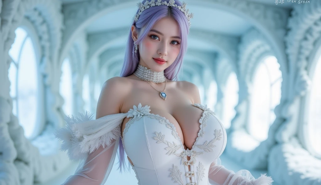 Girl, transparent, see through, silver and gold dress, topless, silver hair, tiara, glove, chokes, silver long sleeves, silver veils, ear wear, detailed hand, oval face, smile, picture form top to knee, sexy pose, extra large breasts, look at camera, camera from top, detailed, night, castle background, photorealistic, best quality
