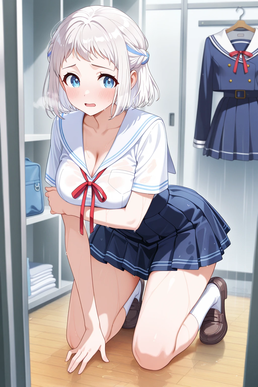 (masterpiece, Highest quality:1.3), (Super detailed:1.3), One girl, alone, (Random hair color, Random Hair,)、Wet white panties、Embarrassed about leaking urine、Blue Eyes、Miniskirt with rolled up、Moderately sized milk、Short-sleeved sailor suit、A slight peek from below、