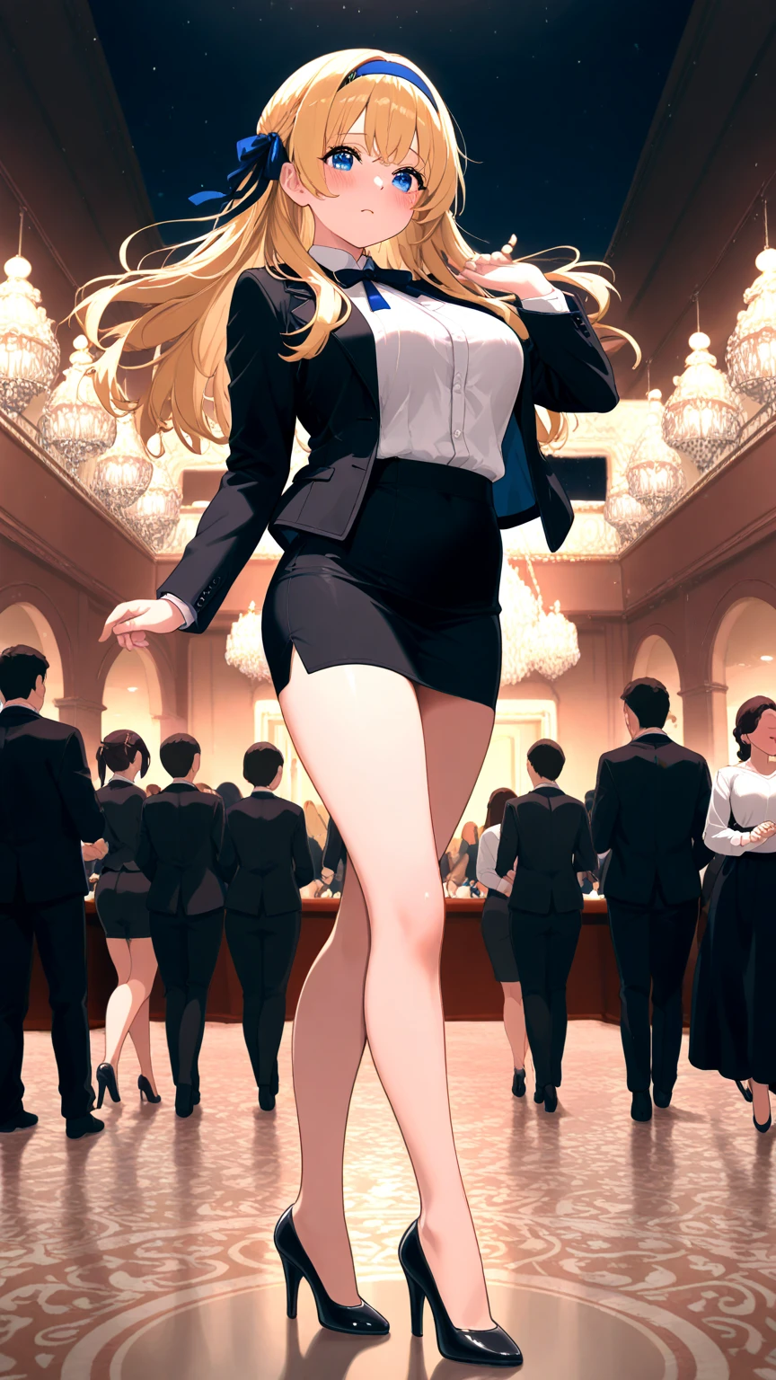 Ryouna_(Senran Kagura), heterchromia, beautiful girl with fair skin, blonde hair, wearing a lustrous black dress that highlights her wide hips, wide shoulders, and big breasts, cleavage, and big ass. She is wearing open-toe heels with red painted toenails and nails. She is a tall girl standing in a crowd, with an ethereal, score_10, ballad-like atmosphere, in a 2.5D style.