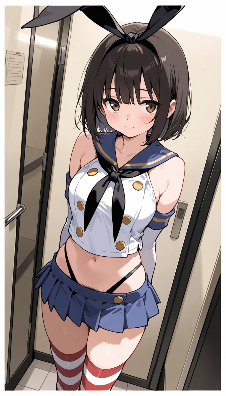 Highest quality,masterpiece, Highest Resolution, 1 girl, sailor, nsfw, (bottomless), (shaved pussy), gigantic breasts, in train, other people, laugh, standing, horse ears, horse tail, from front, looking at viewer, Kitasan Black