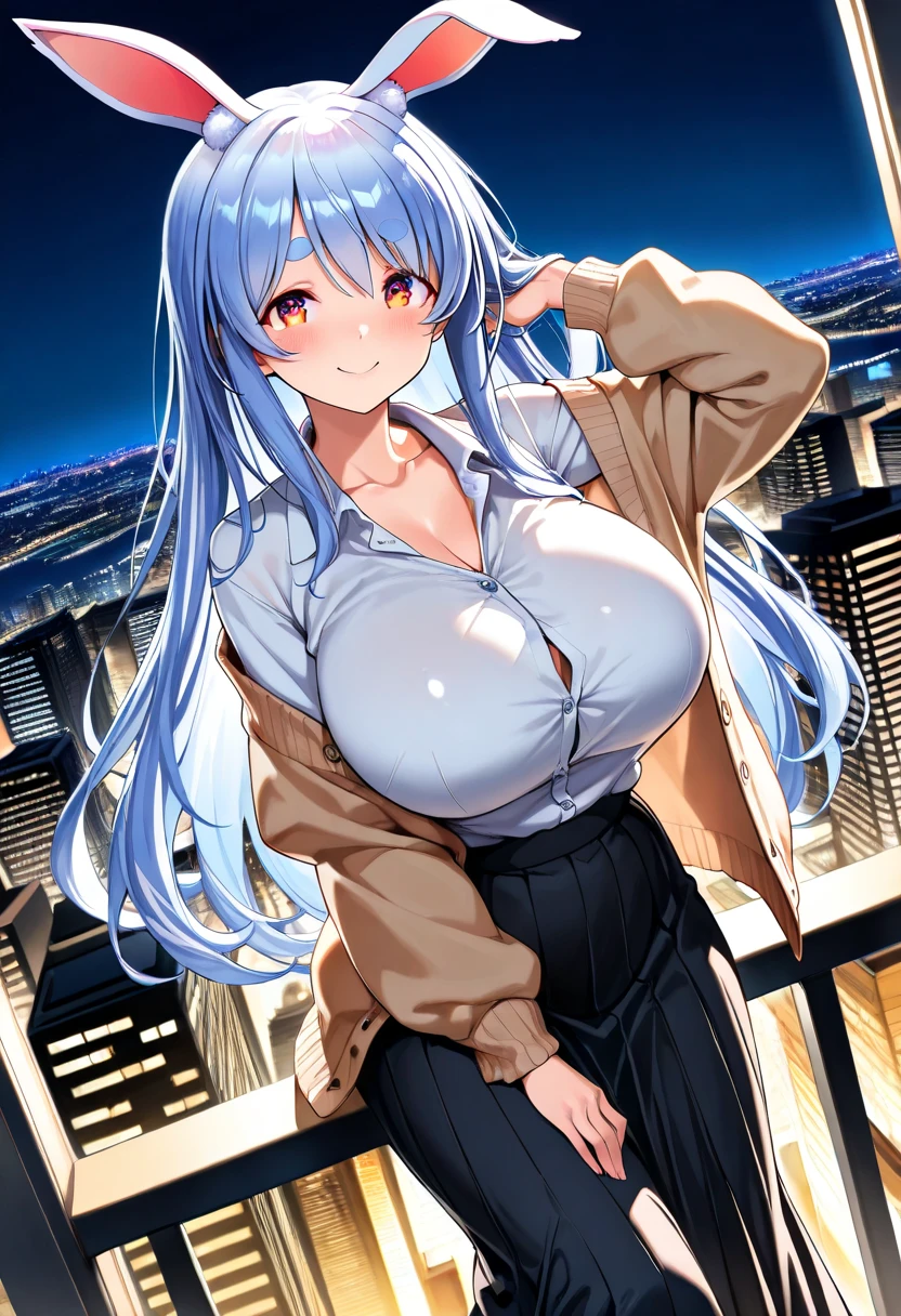 Black Hair，blue eyes，Long Hair，naked、Nipples，Storm outside the window，Blue coat，Xiaoguang（Pokemon）Large Breasts，blush，smile，Bedroom Background