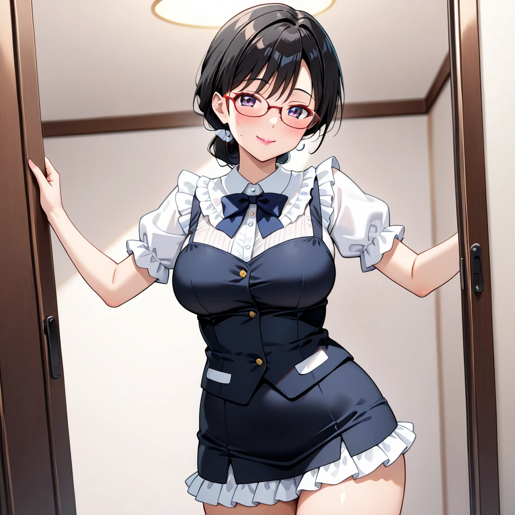 Sarada on her knees, sexy maid outfit, gazing at viewer, sitting at the table, View from the lower camera, muscular legs, flatchest