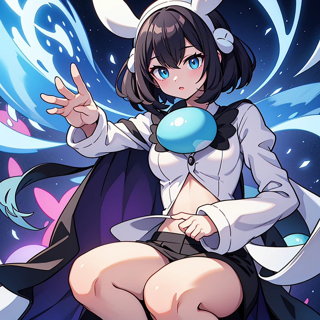Woman, black hair, two hair buns, turquoise eyes, white small jacket hood, black leggings, curvy figure, anime character, high quality, 4k, 8k, realistic, arrogant expression