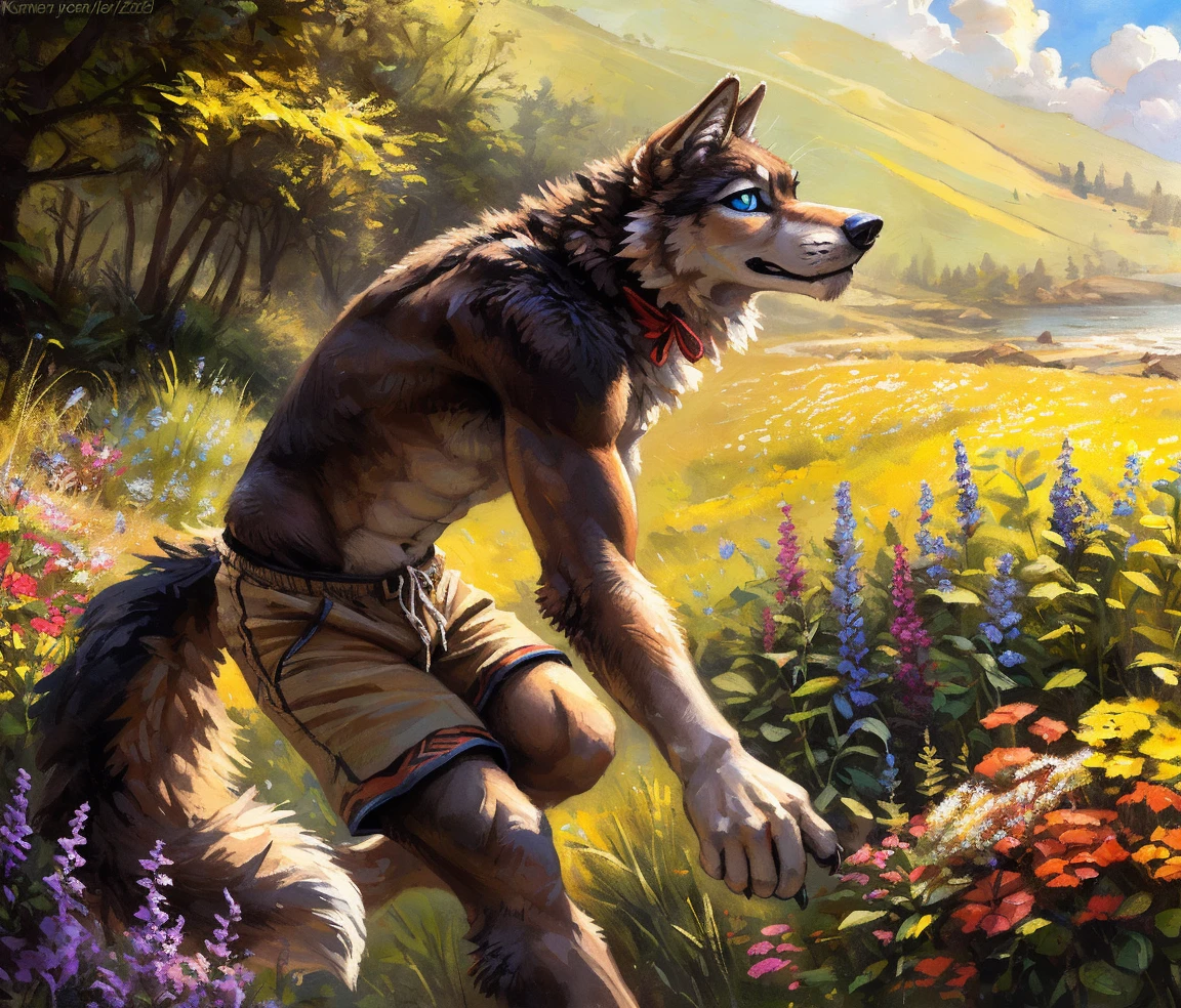 ((Solo)), male people, anthro wolf, (Multi-colored fur, White-brown:1.3，White tail pointed), (Height 2.1m,Tail length 1.5m), ((Wolf face, Big eyes, White eyelids, Blue pupil, Slim:1.2) (Tough, Calm expression:1.2)), Abs, Slim, pinging)), (Correct ),  all over the body,A long big tail，Feet，(Realistic fur, Detailed fur texture, labeled:1.3)), (Natural lighting), Photorealistic, Hyperrealistic, ultradetailed, by Kenket，Field，No artifacts