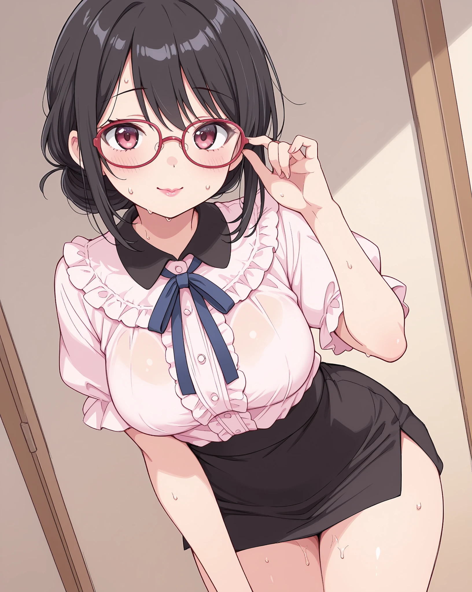 adult woman、Glasses Light magenta polo shirt、Short sleeves, rolled up clothes, The exact number of fingers、Belly button Belly Exact leg count、Exact number of arms、, short hair black hair, (blush:1), (Put one hand in your panties:1.8), fingering, (pussy juice:1.8), cum in mouth, (Underwear with elaborate and luxurious decorations:1.3), (White and pink panties with lots of lace:1.3), white lace bra:1.2), sexy underwear, beautiful small breasts, (erect nipples:1), highest quality, High resolution, (fine and beautiful eyes:1.6), highly detailed face, Very detailed CG, (perfect hands, perfect anatomy),embarrassed look、The expression of a person who is holding back from going to the toilet, (Sexual pleasure expression:1.4), (expression of agony:1.2)、close your eyes、sexy look、mouth half open、climax、Whole body hospital examination room