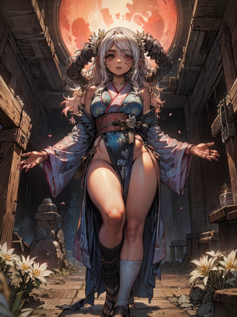 ((best quality)), ((masterpiece)), (detailed), 1 women pornstar elf dark knight, 8k_wallpaper, extremely detailed eyes, (large masterpiece digital art), (intricate details:1.3 ), (ultra-detailed:1.3), (sharp focus:1.3), (natural lighting:1.05), (vivid colors:1.3), (best quality:1.4), high quality, expressive eyes, full body, detailed face, beautiful face, perfect face, ((hair sandy white curls)), ((indigo horns)), (gold eyes), {{dark skin}}, ({dark skinned female}), big breasts, huge chest, powerful relief muscles of the abdomen and legs, powerful strong muscles of the arms, abdominal piercings, cruel predatory and cold-blooded arrogant look and smile, open kimono of yellow silk, white crop top with transparent wet cloth, under the clothes the clear outlines of large pointed nipples with piercings in the form of crosses appear, orange wide belt with large gold yarn, torn leather pants, the outlines of a wet vagina are clearly visible, walking along the road between the houses of a destroyed village, dark cruel fantasy style,