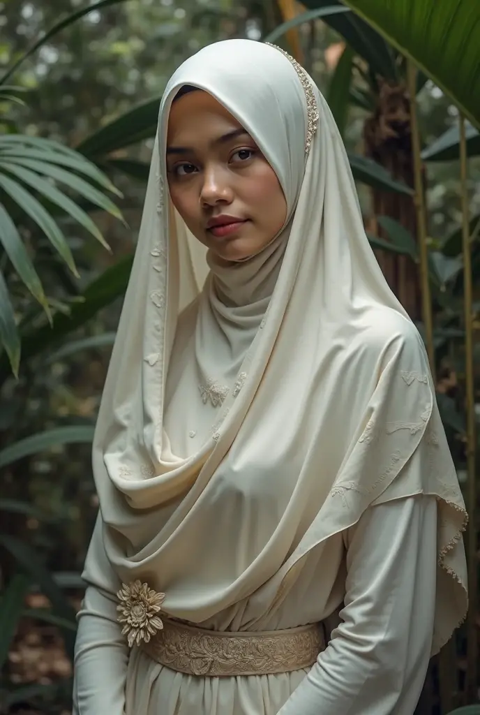 1girl in, wearing simple hijab, see through, no make up, indonesian girl face, wide hip, under the tree, volumetric light direct to her