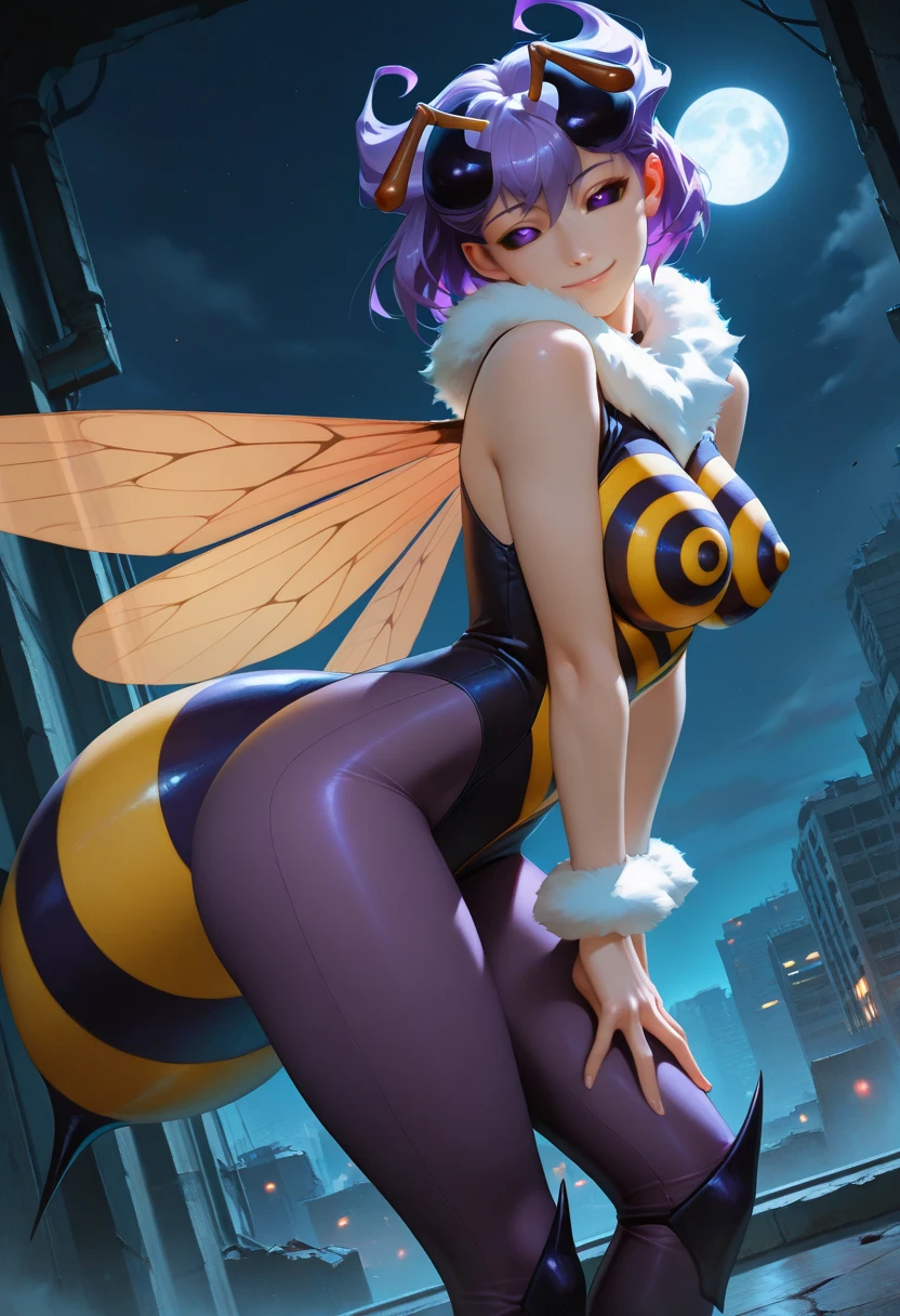 ((Masterpiece, best quality, photography, detailed skin, 8k, highly detailed, full body, High detail RAW color art, diffused soft lighting, shallow depth of field, sharp focus, hyperrealism, cinematic lighting, ((Female anthro bee:0.8)), Feminine insect creature, Four insectoid arms, wings Similar to a bee, Yellow and black color design, a remarkable Bee Body, Shiny Plug Suit, Bee wings, Cute Girl Face, a female, beautifully makeup, eyeshadow, beautiful big eyes, brown eyes, long eye lashes, monstrous insect, chitin skin, large almond shaped eyes, humanoid body style, sagging large breast, saggy body, ((large bee abdomen)), saggy breast, huge hips, silky thorax, tarsus legs, an evil gaze that seduces, lying, on side, spread legs, on side, beehive, lying eggs, vaginal insert, back view