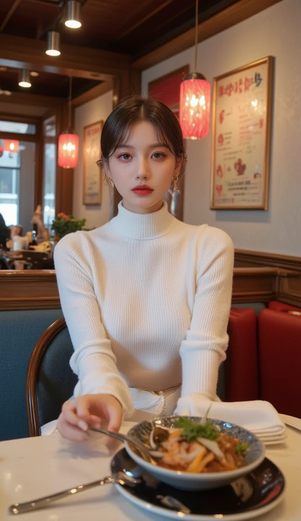 1girl, 175cm,korean car model ,23 years old,soft body, close-up, 8k, RAW photo, best quality, masterpiece,realistic, photo-realistic,seductive,cute,A beautiful woman in a tight turtleneck , long sleeve shirt,sexy pleated skirt，the breasts are large, breasts are exposed，Liuhai hairstyle，Ponytail hairstyle, erotic post , wearing luxurious handbag