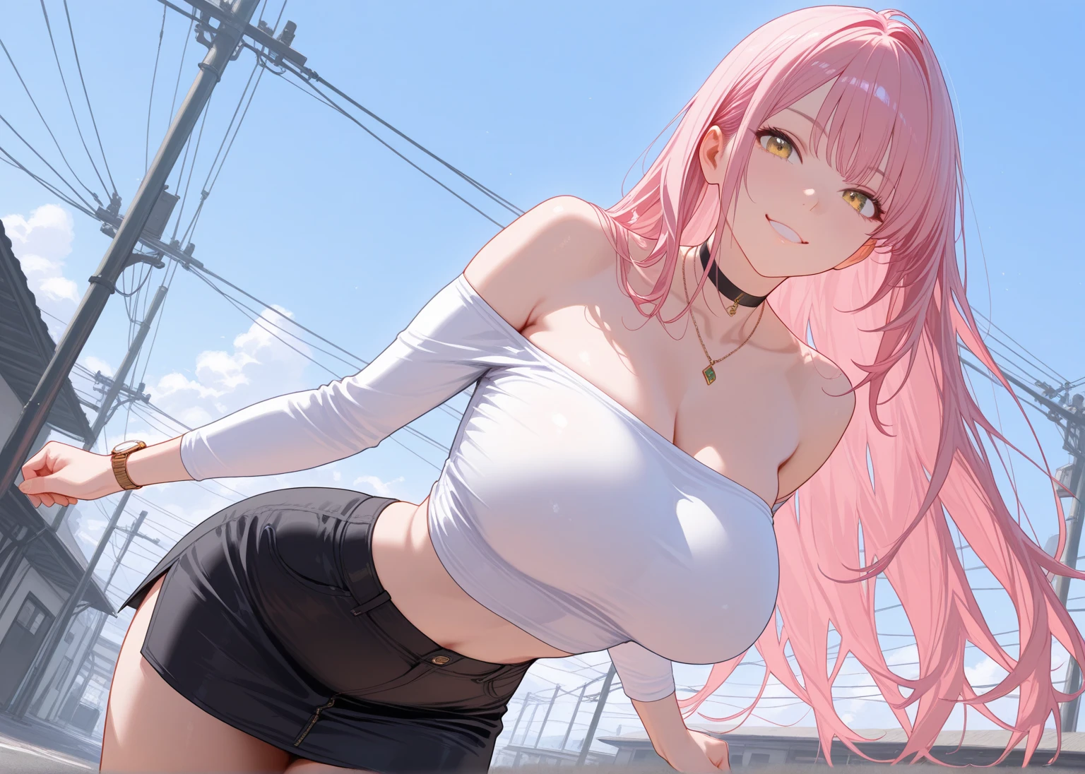 1 girl, very big breasts, very sexy body, 1 girl in, a smile, looks at the viewer, black shirt, super short white school miniskirt, full body, giant breasts, cleavage, giant breasts, heels, background in the mountains 1 girl , with big breasts. long legs QUEEN huge tits, (cleavage), high legs, (standing), sexy and muscular body. short skirt.4k hd