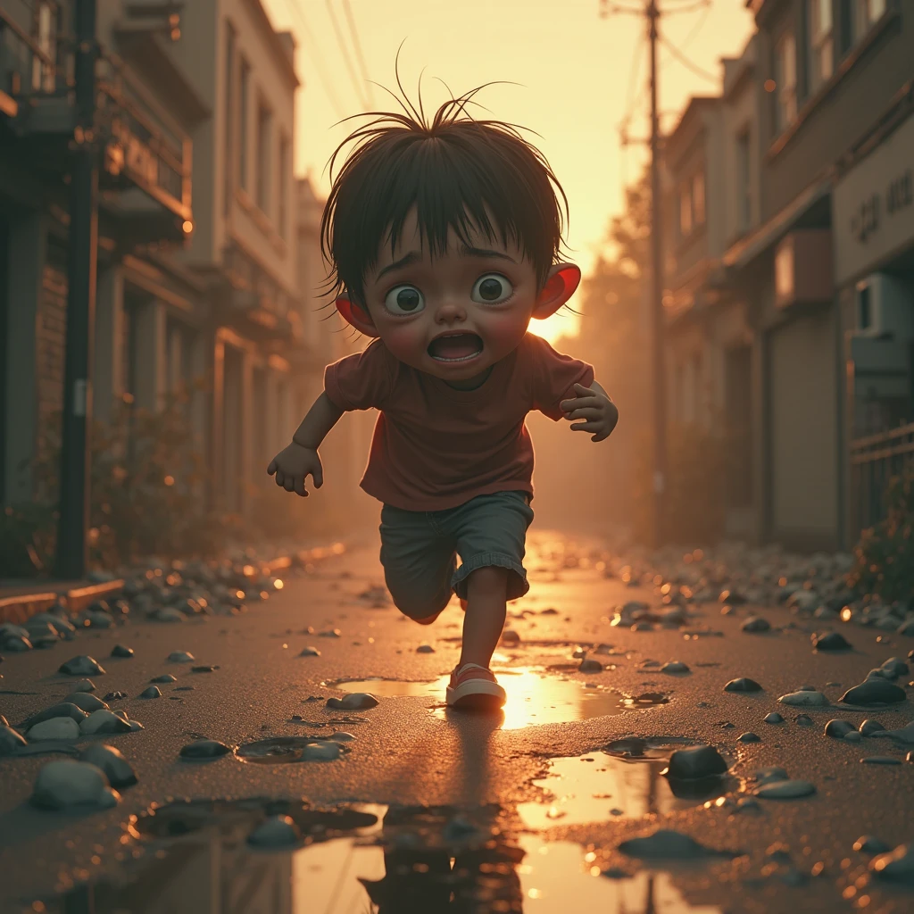 child running, olhar intenso, rosto normal sem deformidades, after an explosion, alta qualidade
