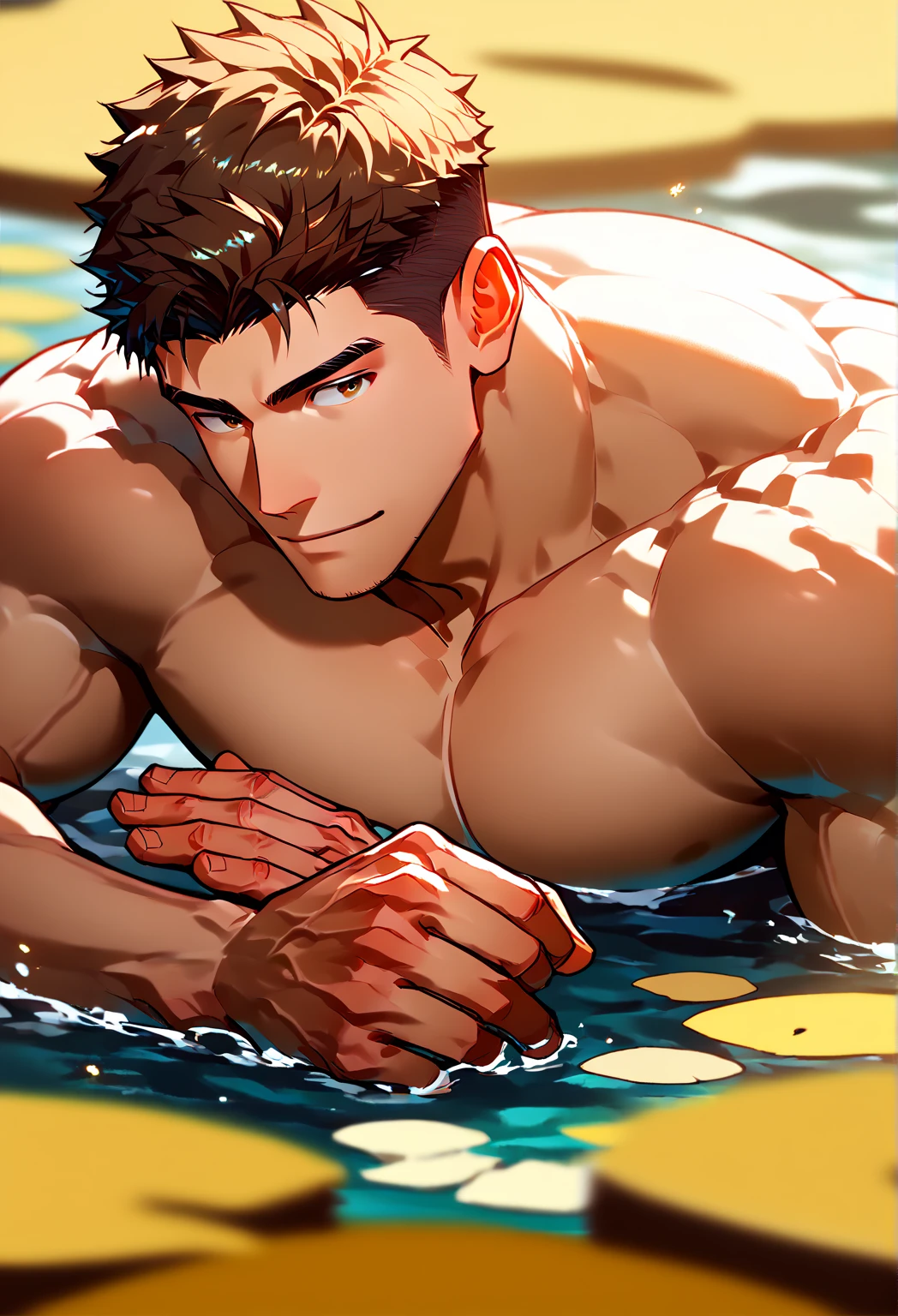 watercolor, a guy swims in a lake in the light of the moon, spreads the buttocks of a 17-year-old Brazilian boy, wearing tight slip-on swimming trunks with a large protruding convex codpiece. Muscular, with round, firm, perfect buttocks